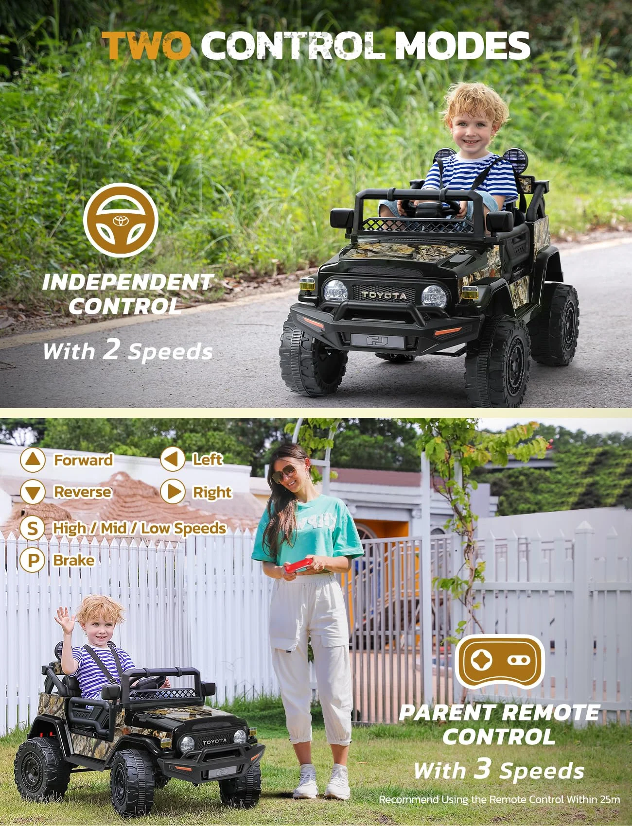 Toyota FJ Cruiser Ride on Car, 12V Powered Off-Road Toys for Kids w/ Remote,Spring Suspension,6 LED Lights,Camo Green - Womvr