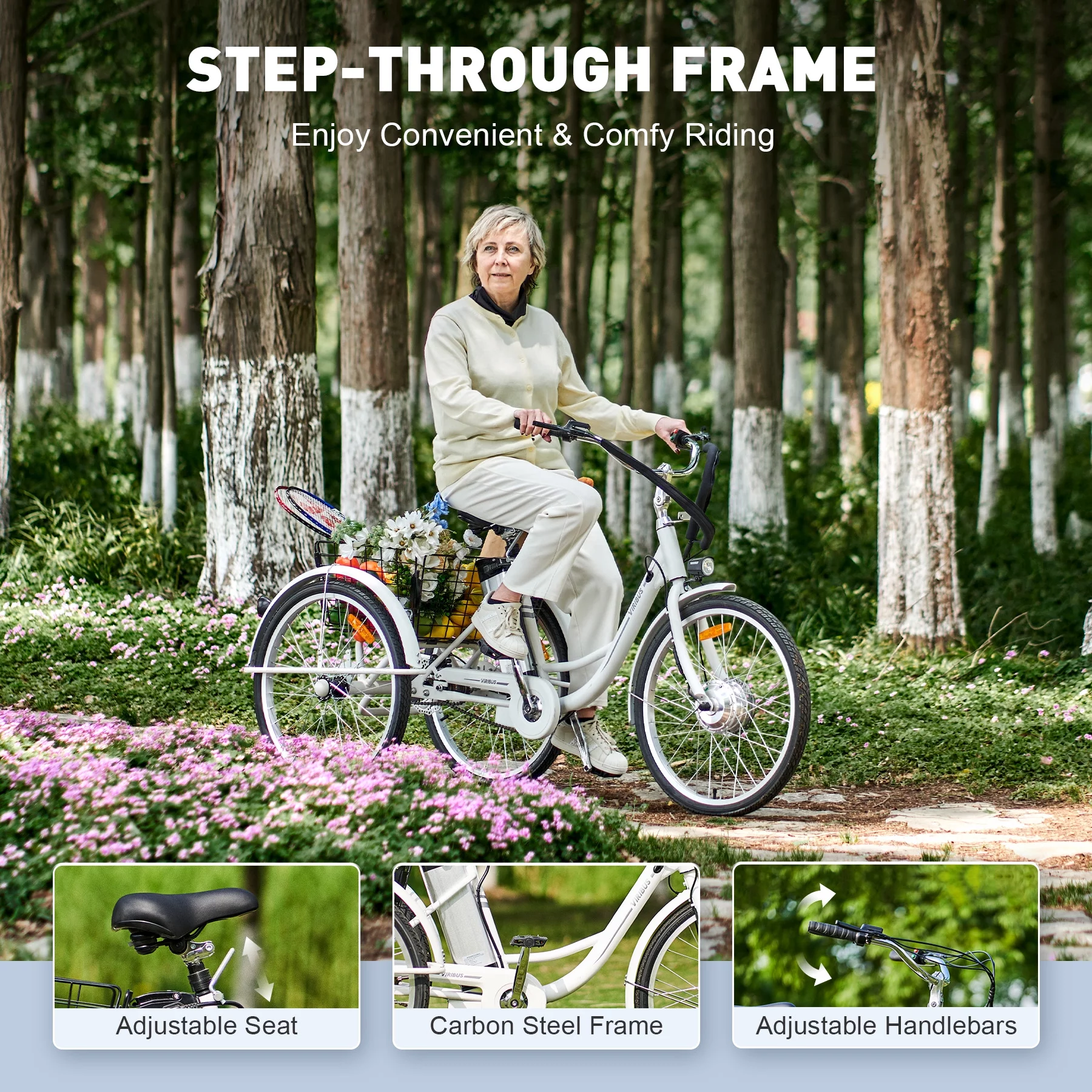 VIRIBUS 24 Inch Adult Trike 350W Dual Chain Electric Tricycle 36V 10Ah Navy - Womvr