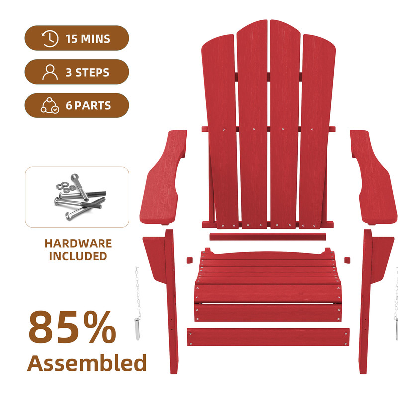 Outdoor Patio Folding HDPE Resin Adirondack Chair, Red - Womvr