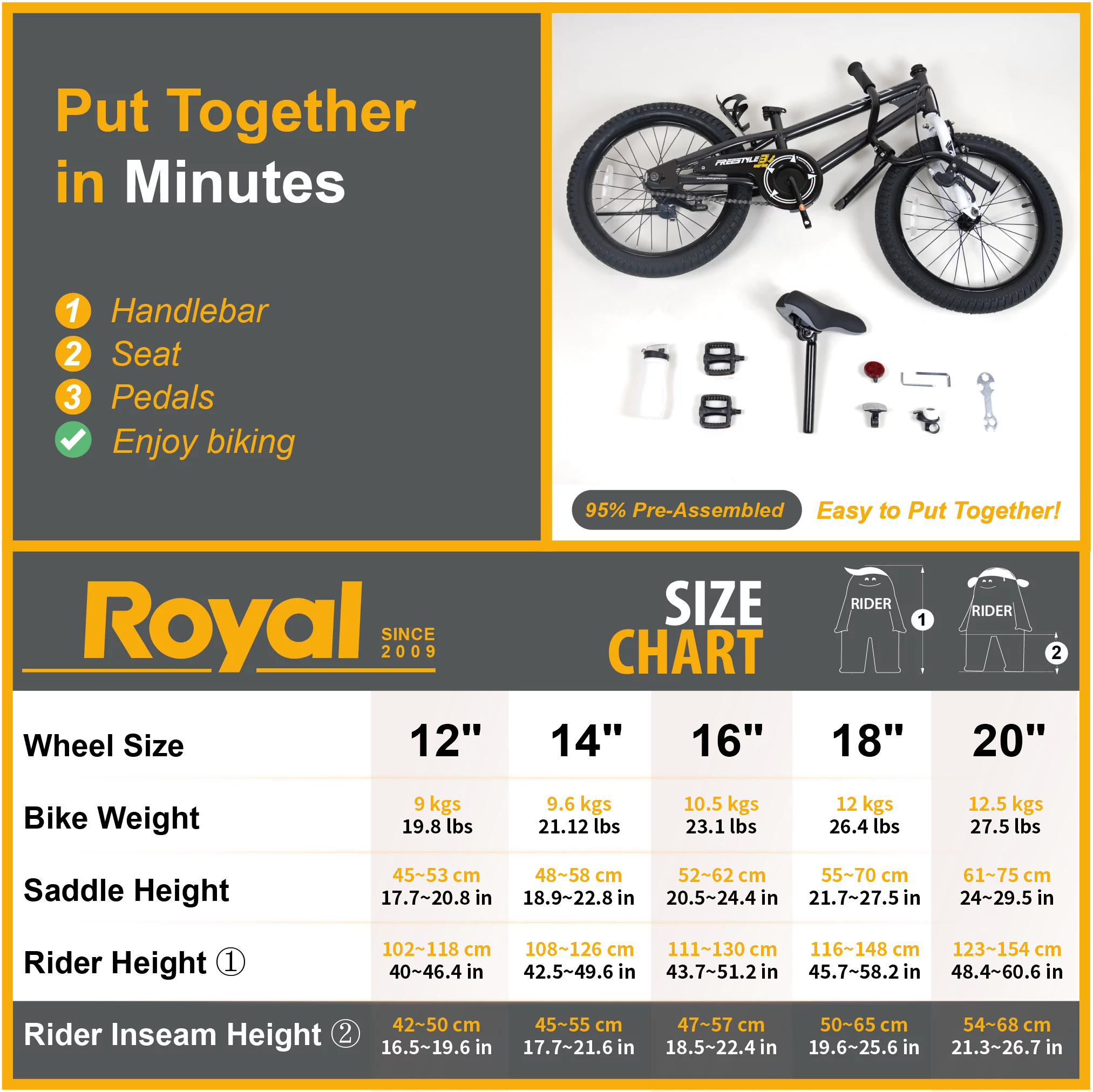 Royalbaby Boys Girls Kids Bike 18 In BMX Freestyle Black 2 Hand Brakes Bicycles with Kickstand - Womvr