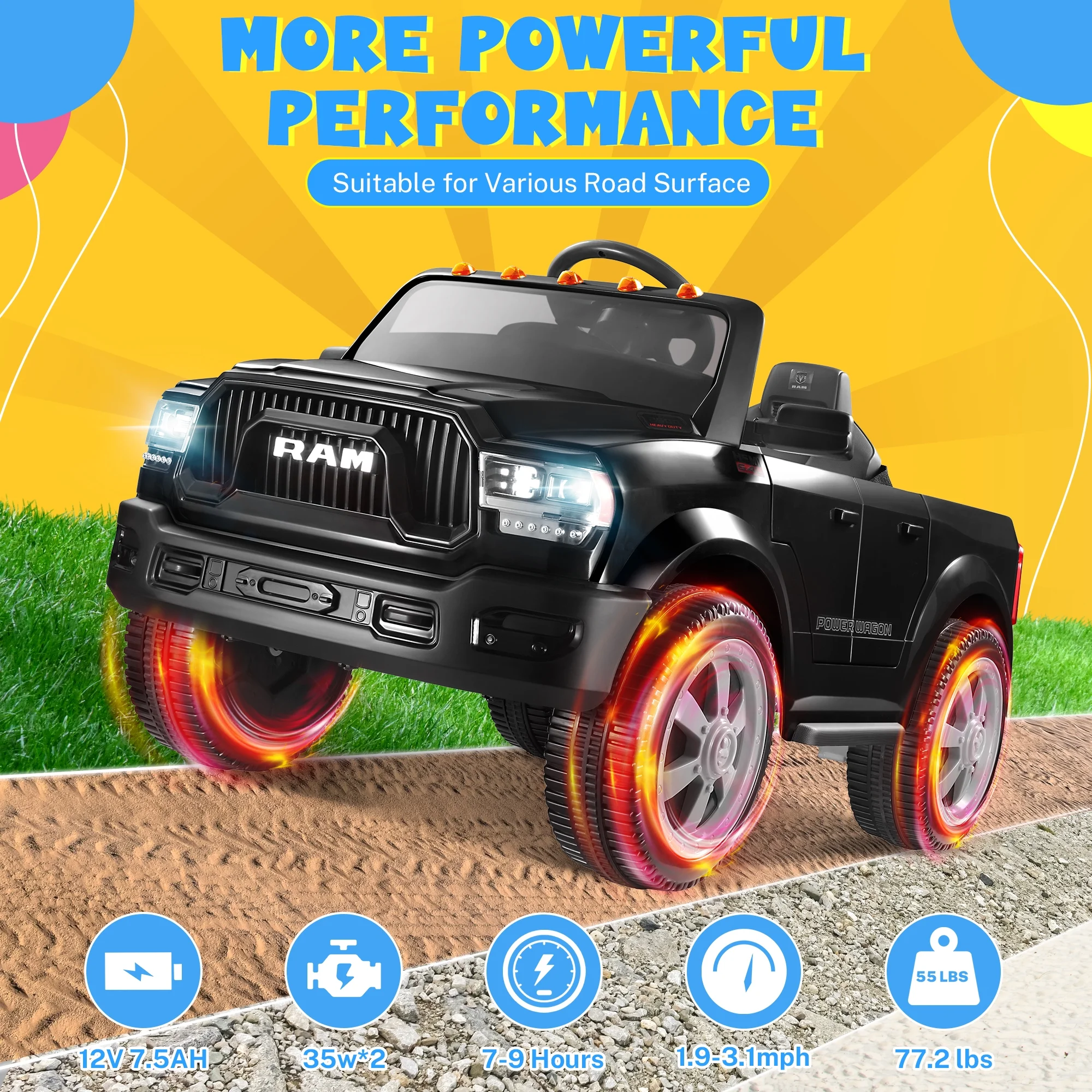 Dodge Ram Ride On Car for Kids, 12V Powered Ride On Truck Cars with Parents Remote Control,Dodge Electric Ride On Car for Boys Girls 3-5, Red - Womvr