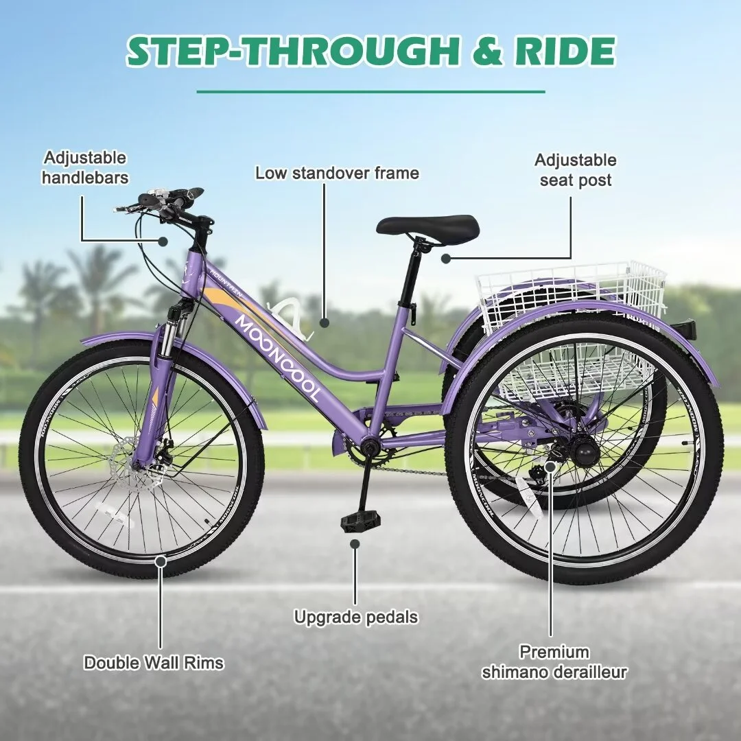 Docred Adult Tricycle, 7 Speed Three Wheel Mountain Bike, 24/26/27.5 inch Adults Trikes ,Load capacity 420 lbs - Womvr