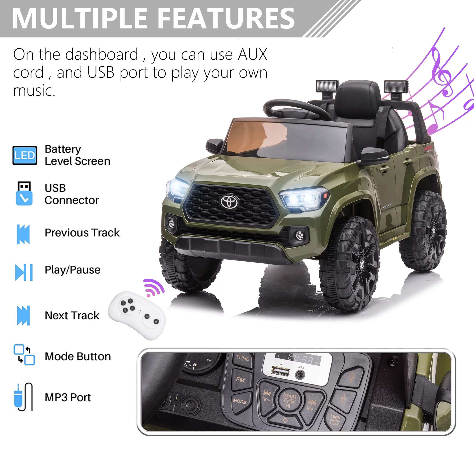 Licensed Toyota Tacoma Electric Ride on Vehicle for Kids, 12V Powered Ride on Car Toys with Remote Control, LED Lights, MP3 Player, Gray - Womvr