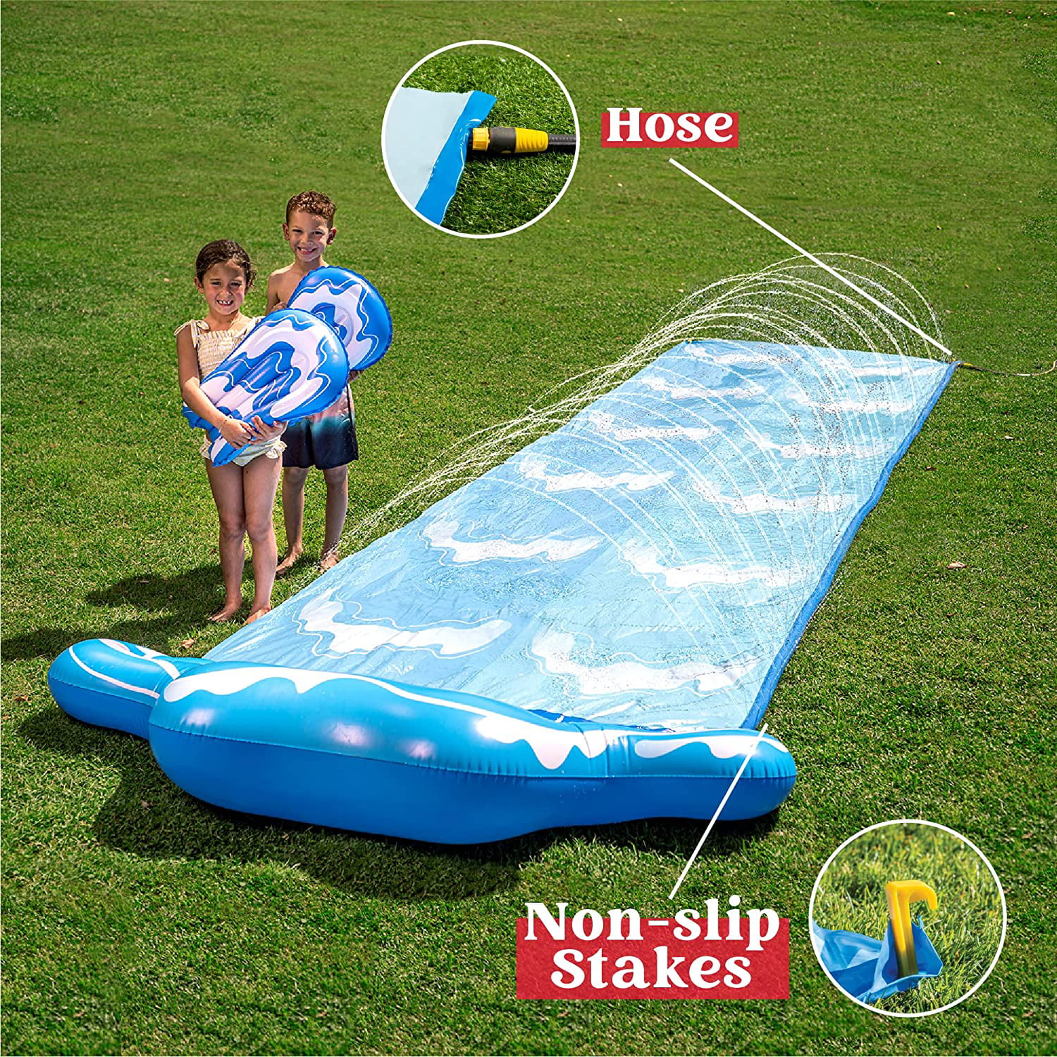 Lavinya 20ft Slip and Slide Blue Wave Water Slides with 2 Boogie Boards & 2 Sliding Racing Lanes Backyard Waterslide with Sprinklers Fun Summer Toy 20ft x 62in - Womvr