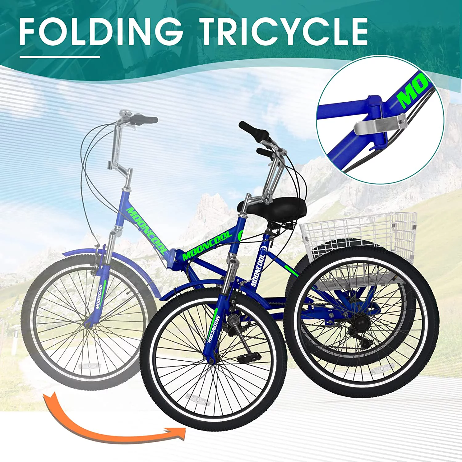 MOONCOOL Adult Folding Tricycle, 7 Speed 20/24/26 inch Adult Tricycles, Three Wheel Bike Cruiser Trike with Large Basket - Womvr