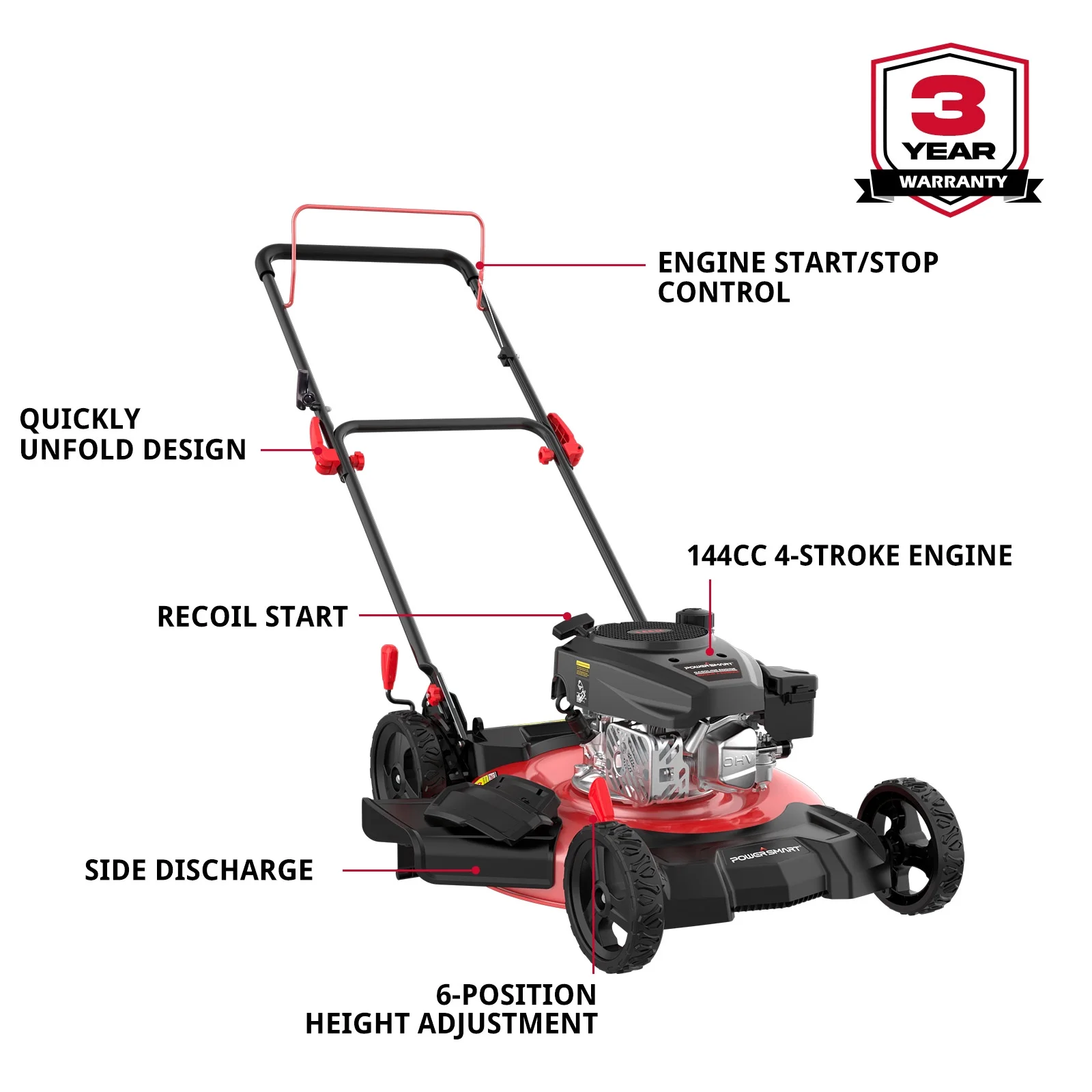 PowerSmart Gas Lawn Mower, 21 inches 144cc 2-in-1 Walk-Behind , Side Discharge Push Lawn Mower - Womvr