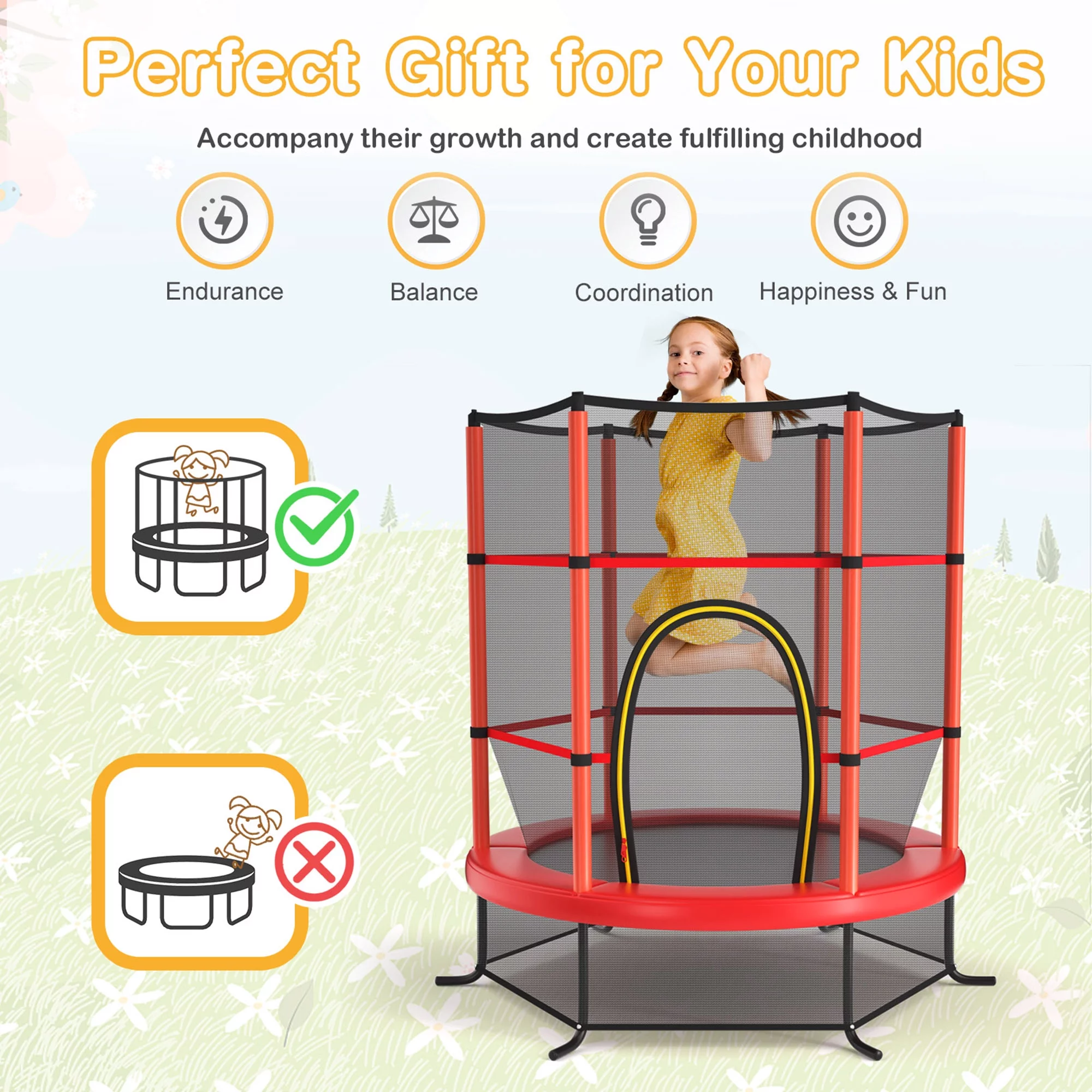 Gymax 55'' Recreational Trampoline for Kids Toddler Trampoline w/ Enclosure Net Navy - Womvr