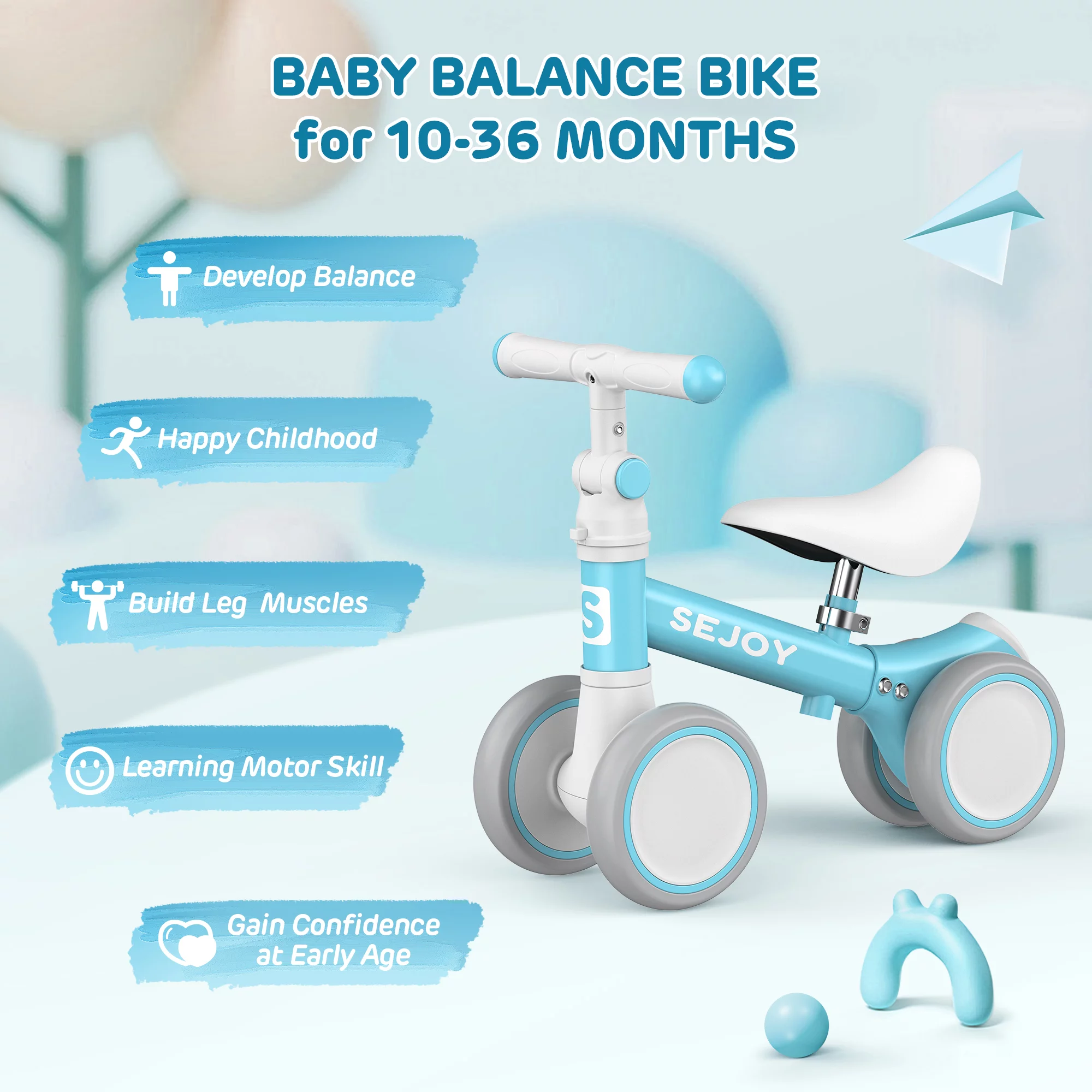 Sejoy Baby Balance Bike, Toddler Baby Bicycle with 4 Wheels for 10-36 Months, Adjustable Handlebar Baby Outdoor Bike Riding Toy, First B-day Gift - Womvr