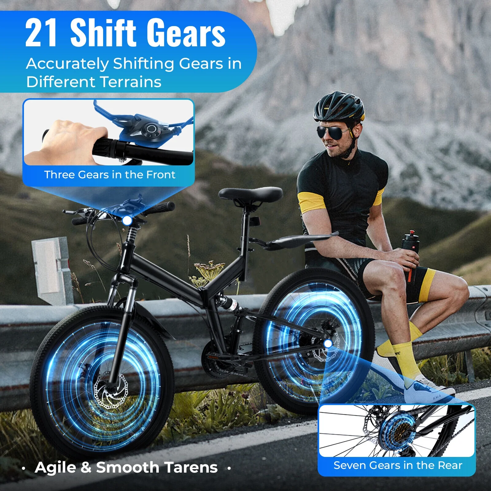 26 inch 21 Speed Folding Mountain Bike Full Suspension Dual Disc Brakes Bicycle - Womvr
