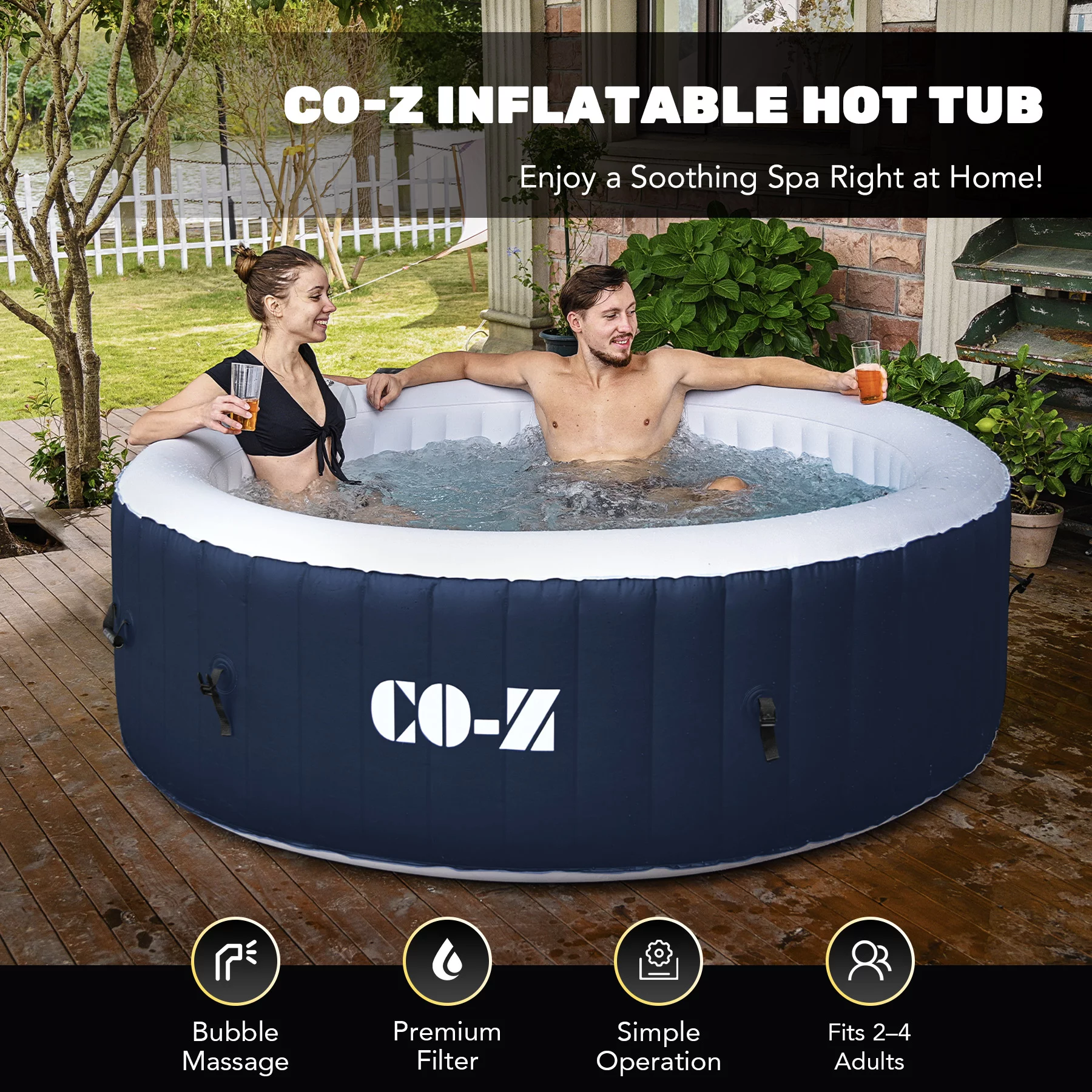 PVC Portable Inflatable Hot Tub w 120 Jets for Sauna Therapeutic Baths & More for 2-4 Blue - Womvr