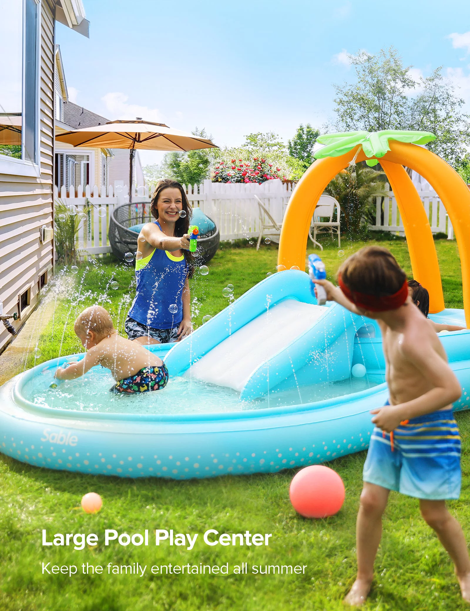 Sable Inflatable Play Center Wading Pool with Slide for Kids, Family Children Garden Backyard Pool, 111 x 70 x 61 inch - Womvr