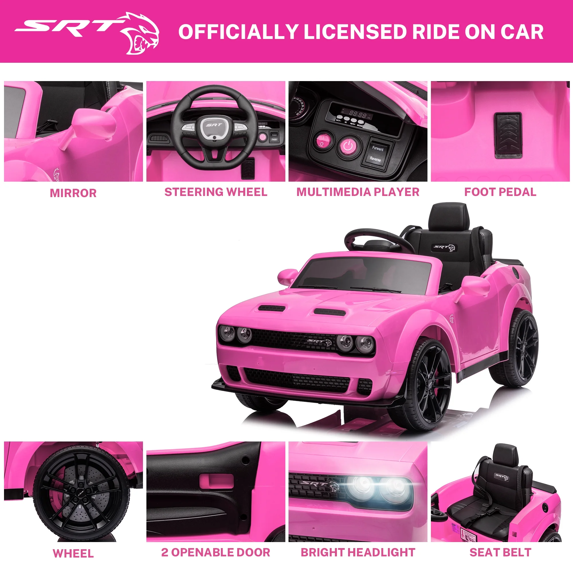 Dodge Challenger 12 V Powered Ride On Car with Remote Control, SRT Hellcat Toys for Kids, Black - Womvr