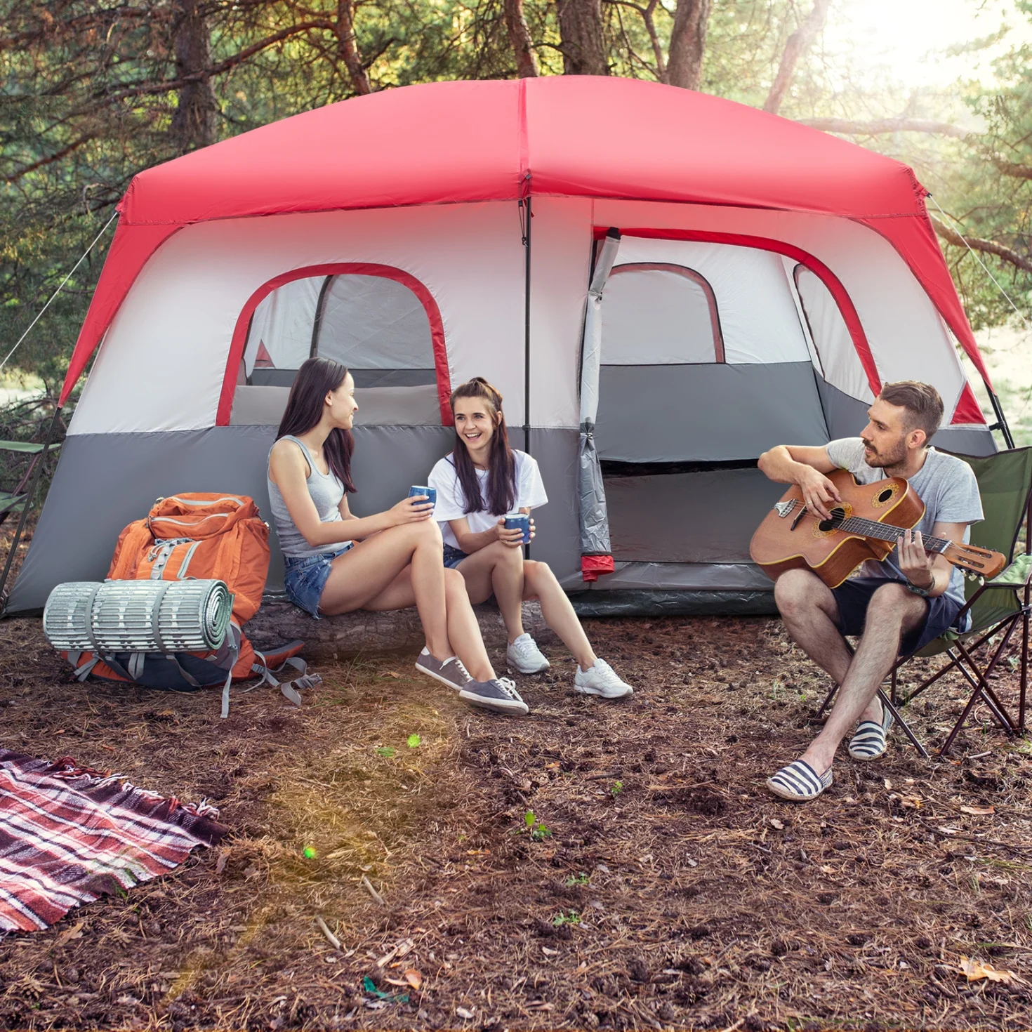 14 People Outdoor Family Camping Tent with Waterproof and Windproof, Large Foldable Tent with 2 Doors, 4 Storage Pockets, Backyard, Mountaineering, Red and White - Womvr