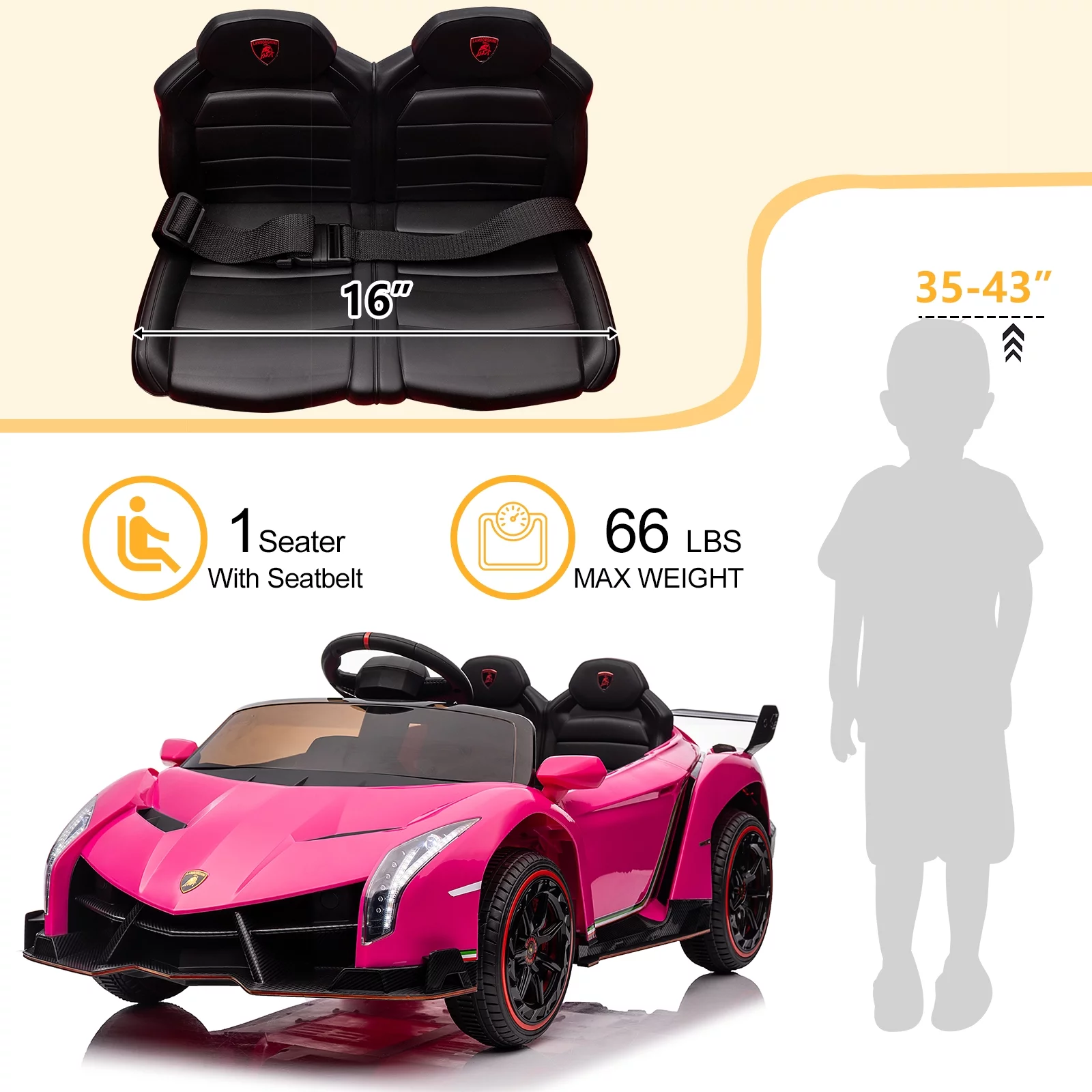 UBesGoo Electric Ride On Car 12V Licensed Lamborghini for Kids Girl, Parent Control, LED Headlights - Pink - Womvr