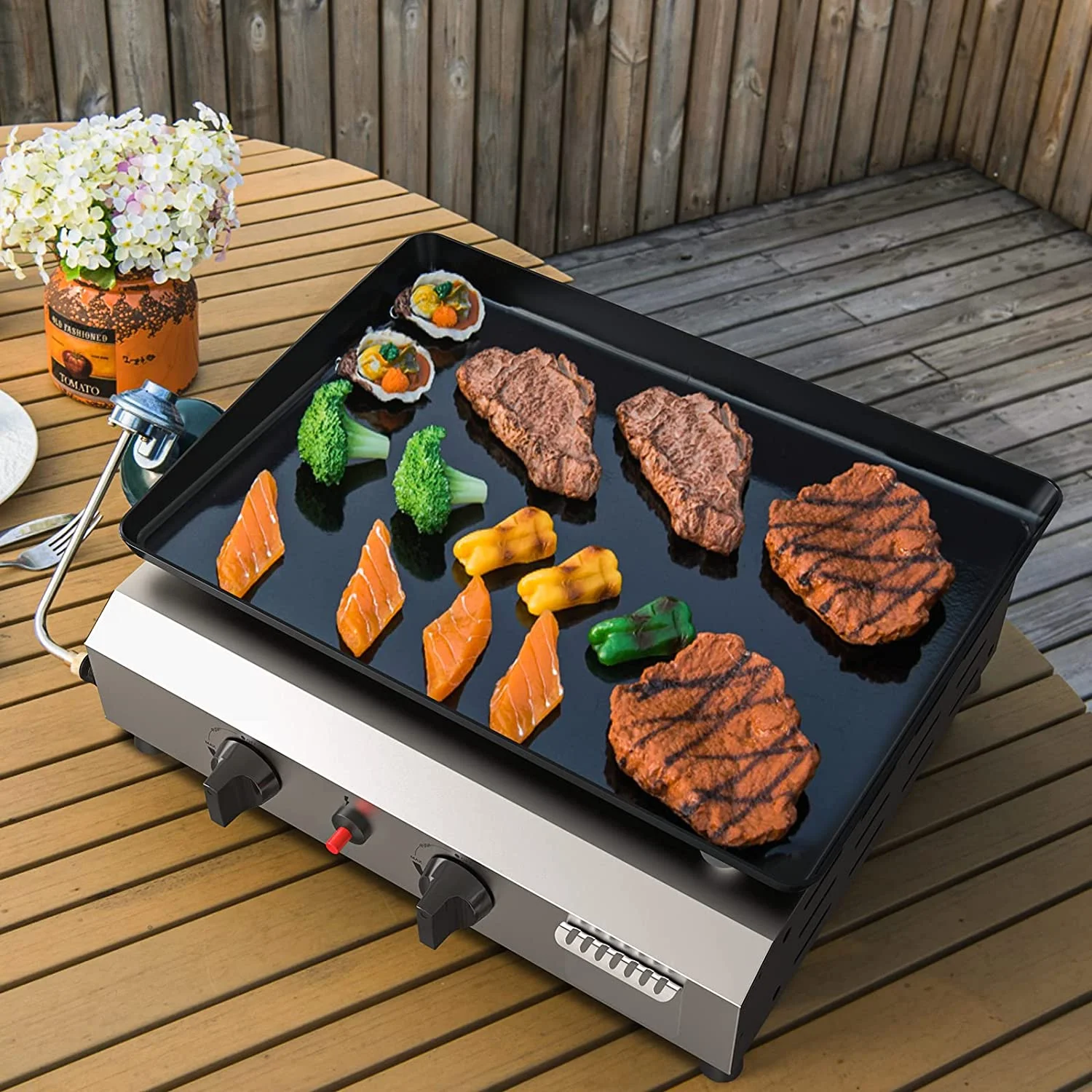 SKOK 3 Burner Gas Griddle-Outdoor Propane Griddle-BTU Propane Fuelled, Portable Flat Top Gas Grill Camping Griddle Station with Side Shelves for Kitchen - Womvr
