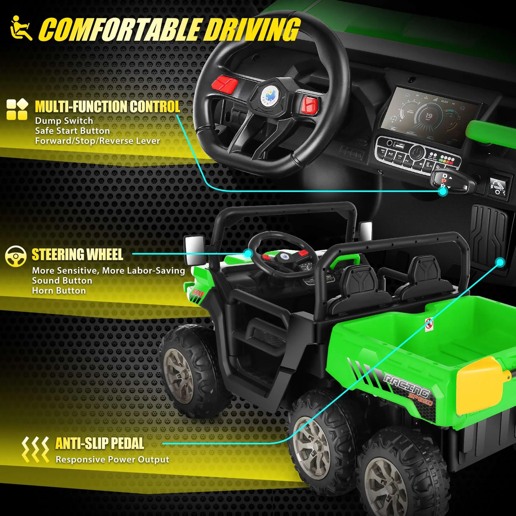 Funcid 24 V 4WD Kids Kids Ride on UTV with Remote Control, 2 Seater 6-Wheel Ride on Dump Truck Car, Ride on Toys w/ Tipping Bucket Trailer & Shovel,Bluetooth Music, Black - Womvr