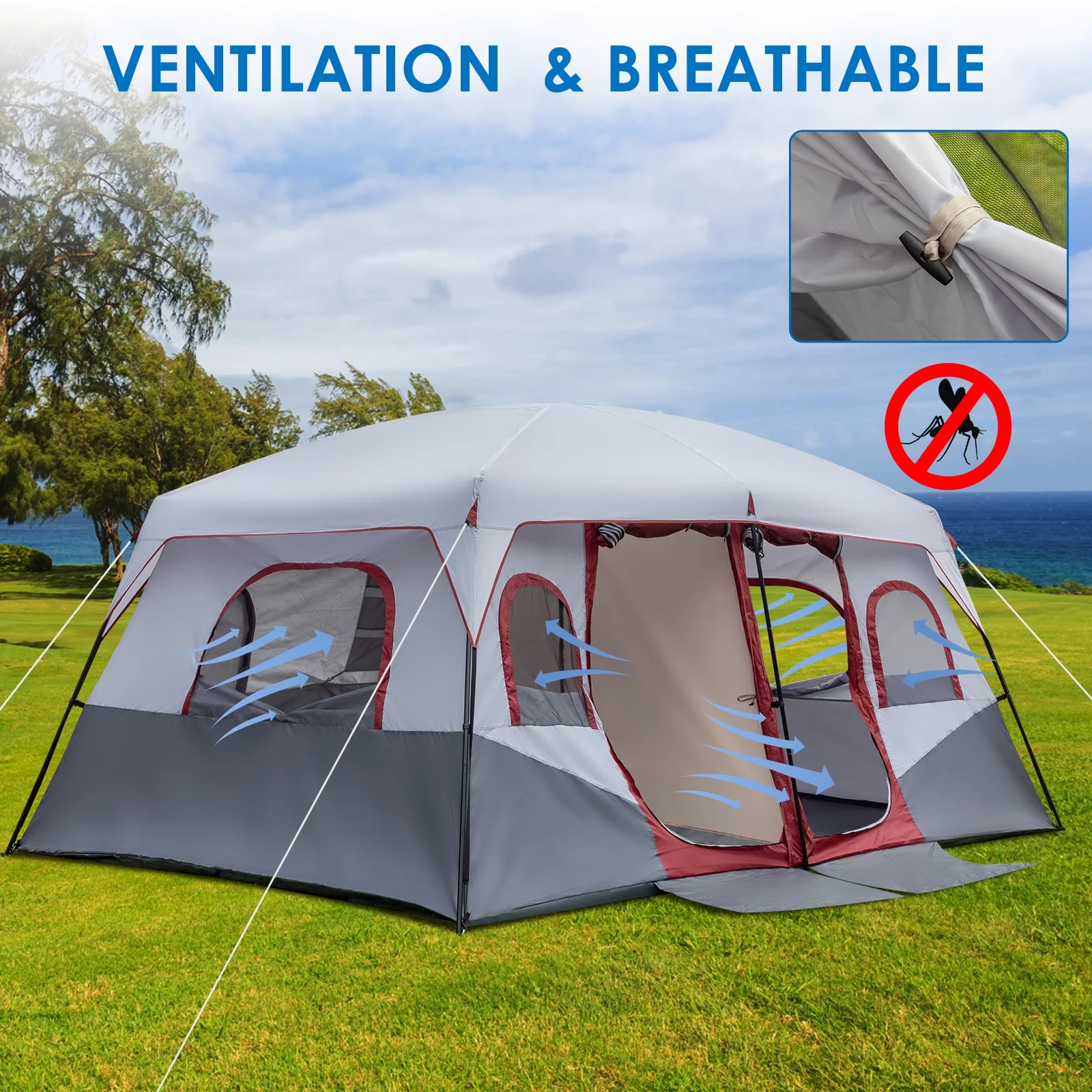 SamyoHome Family Cabin Tent 14 Person  4 Large Ventilation Mesh Windows, Measures 14' x 10' with Dividers Curtain for 2 Room - Womvr