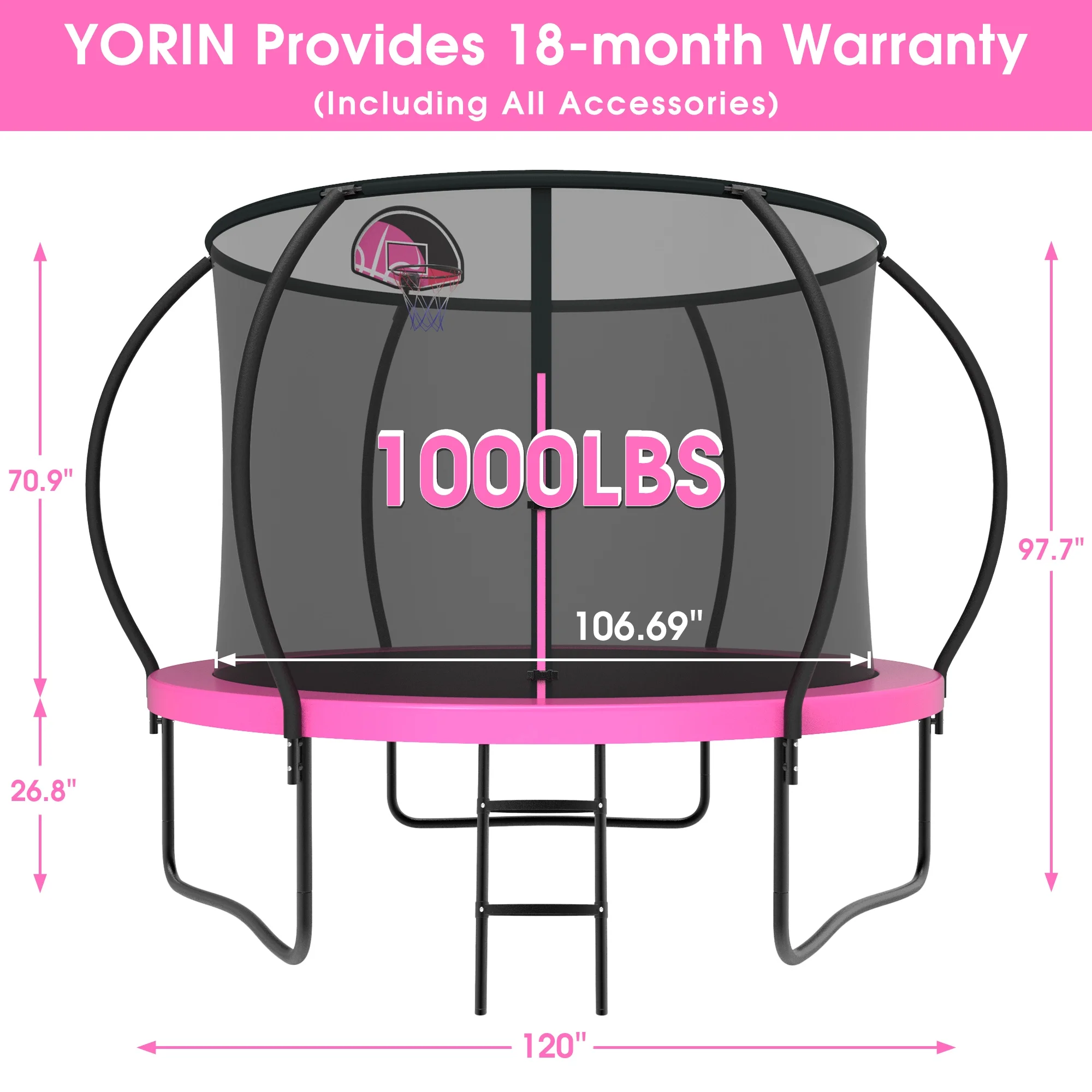 YORIN Trampoline for 2-3 Kids, 8FT 10FT Trampoline for Adults with Enclosure Net, Basketball Hoop, Ladder, 800LBS Outdoor Recreational Trampoline with Light, Sprinkler, Socks, Heavy Duty Trampoline - Womvr