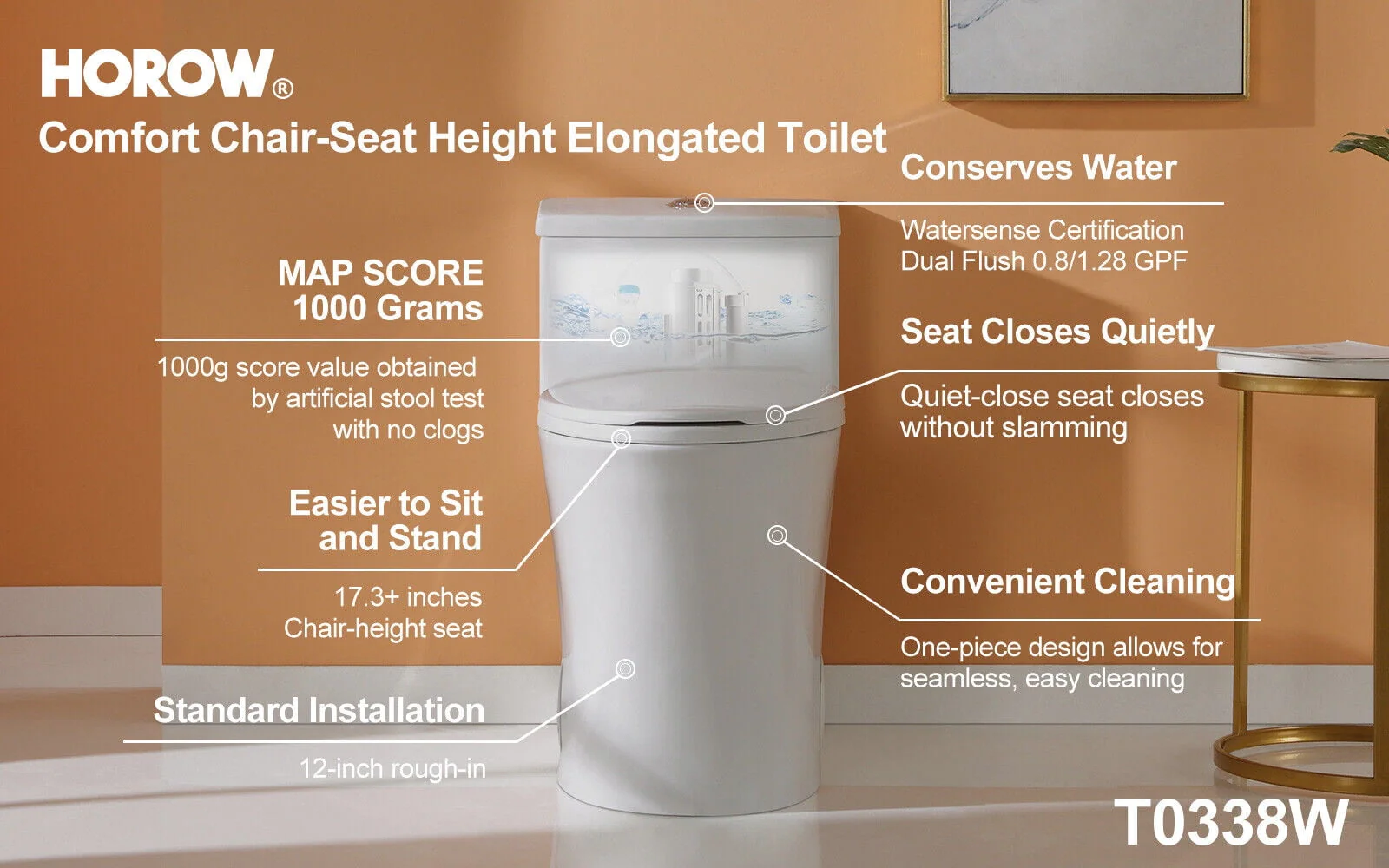 HOROW T0338W Elongated One Piece Toilet with Comfort Chair Seat ADA Height 17.3