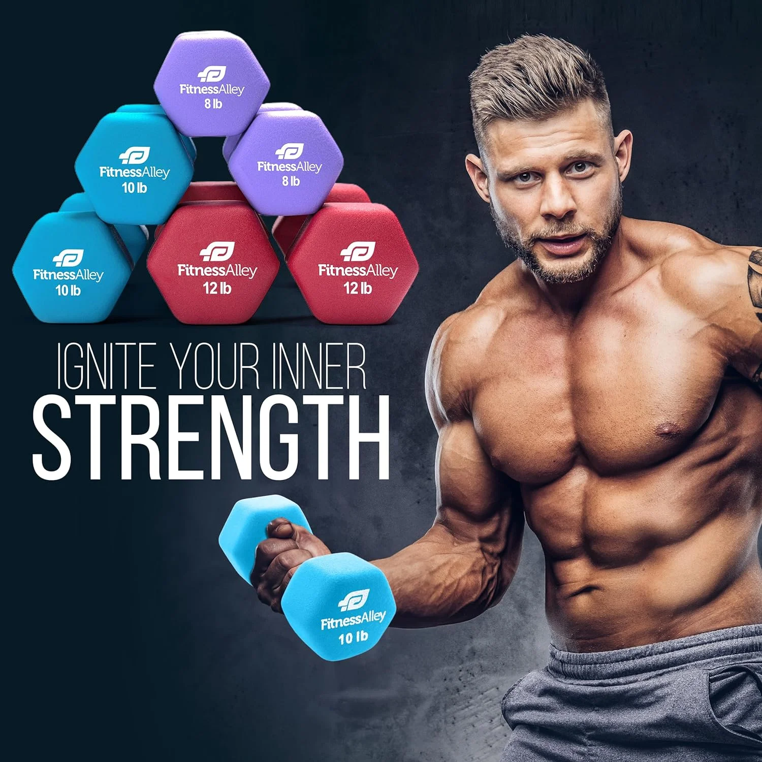 Fitness Alley Neoprene Workout Dumbbells - Non Slip, Anti Roll Exercise & Fitness Dumbbells Combo - Hex Shaped Hand weights for Men & Women(2, 4, 6, 8, & 10lb Dumbbells) - Womvr