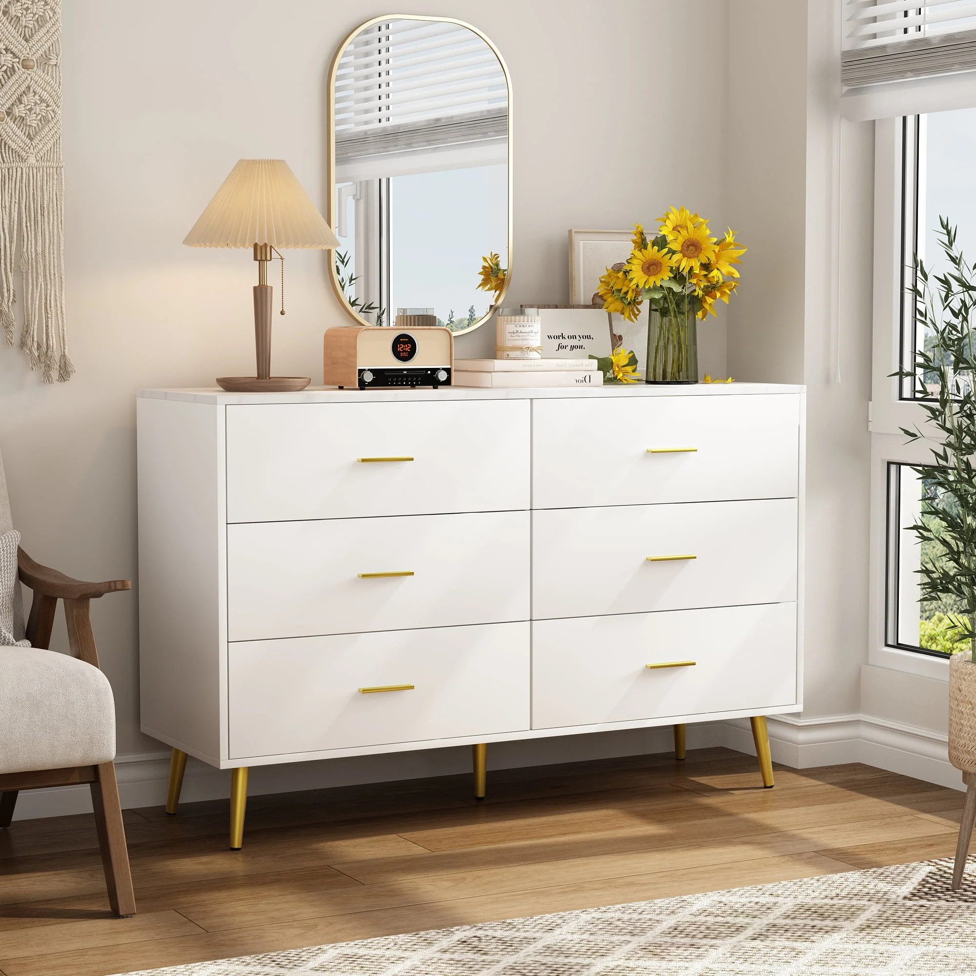 6 Drawer Dresser, Mid-Century Modern Chest Of Drawers, Double Dresser Storage Cabinet For Bedroom Living Room Hallway(White-6 Drawers) - Womvr