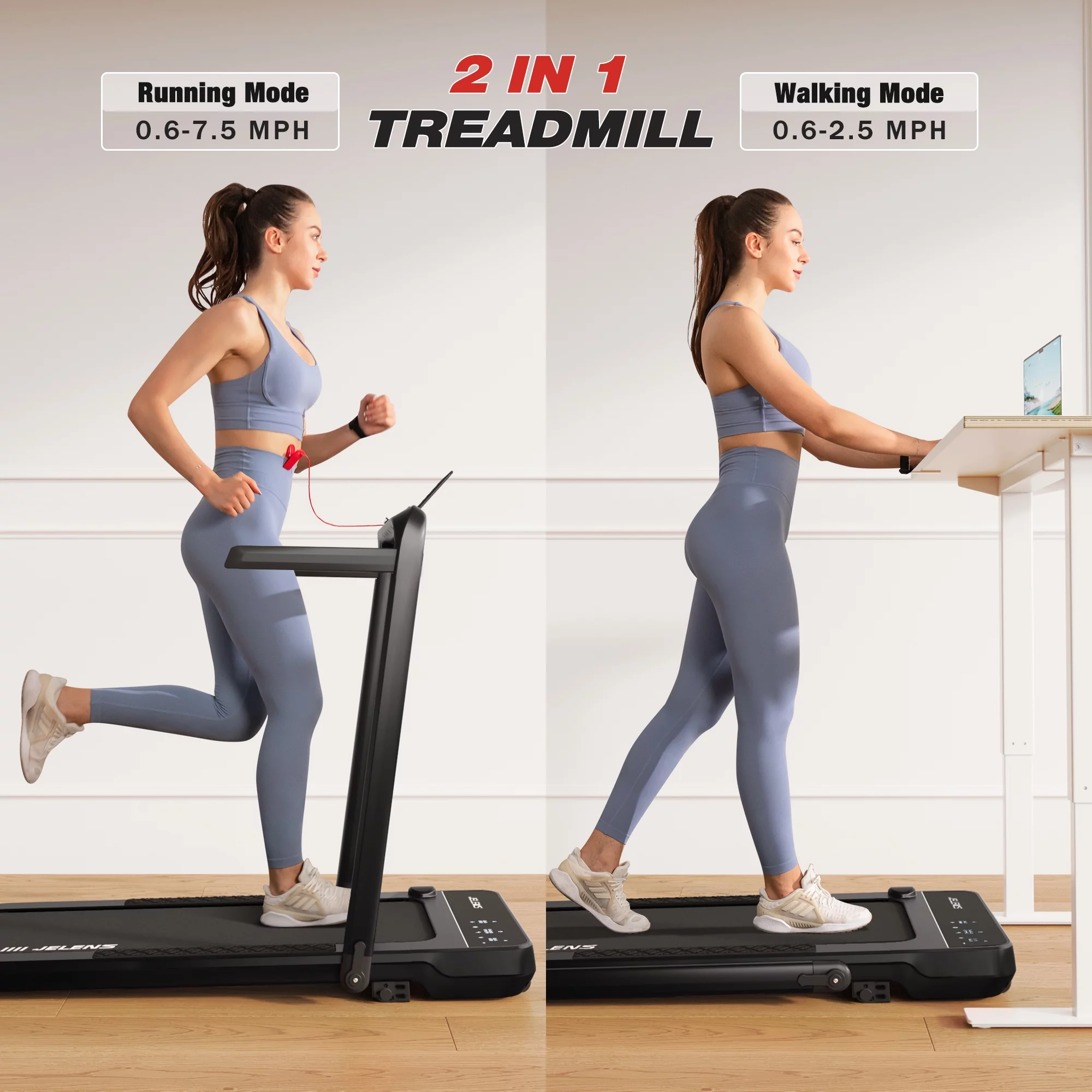 JELENS 2 in 1 Incline Treadmill Under Desk Walking Pad 2.5HP Home Folding Treadmills with Gesture Sensing Control, Walking Machine for Office with Led Display - Womvr