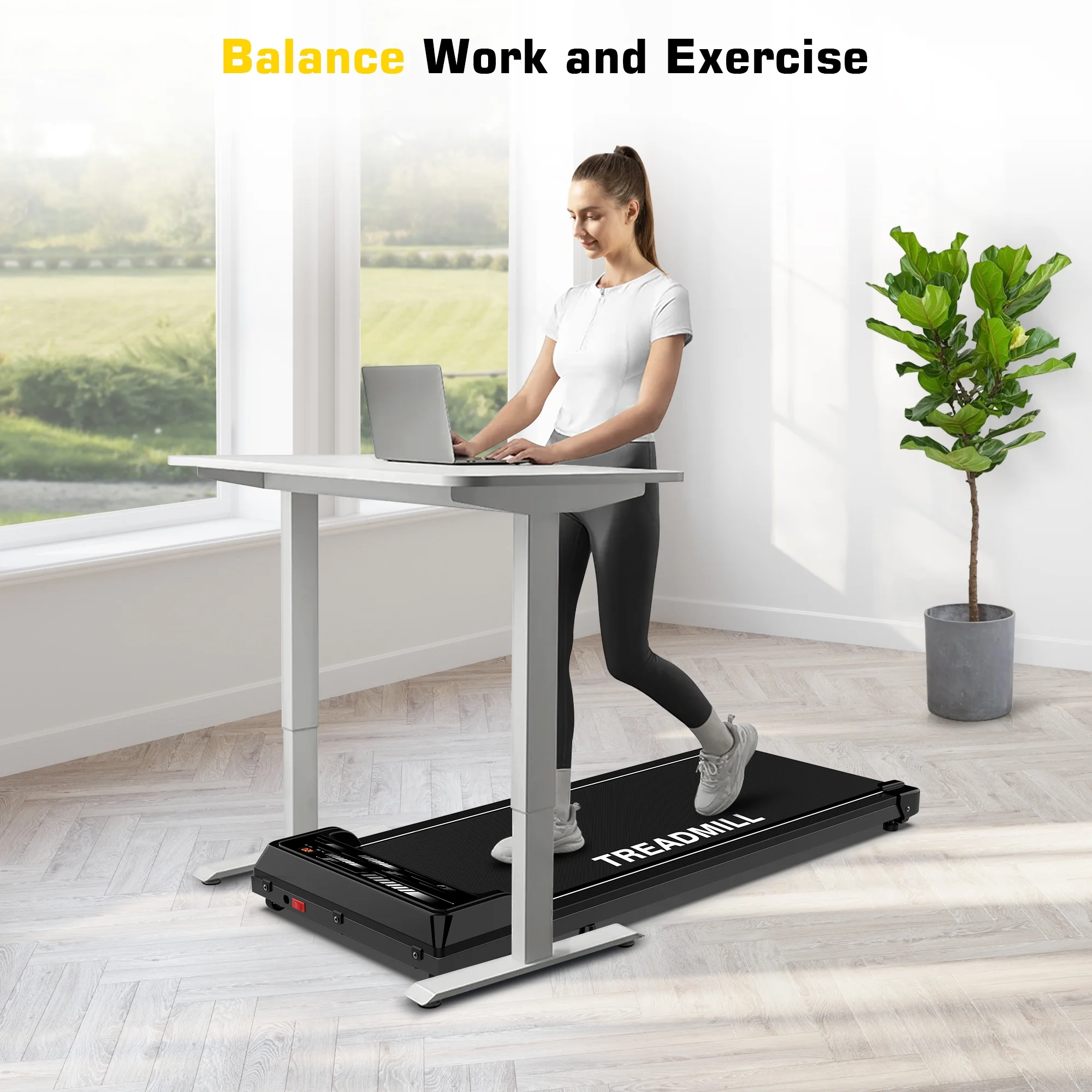 Under Desk Treadmill Walking Pad Portable 265lbs 2.25HP with Remote, Led Display for Home, Black - Womvr