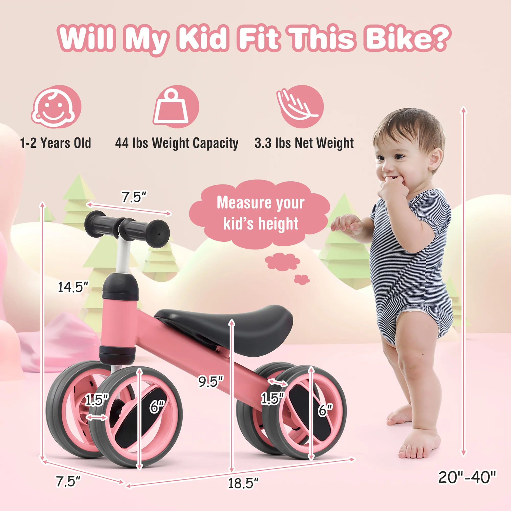 Costway Baby Balance Bike Toddler Riding Toys  w/ 4 Wheels Pink - Womvr