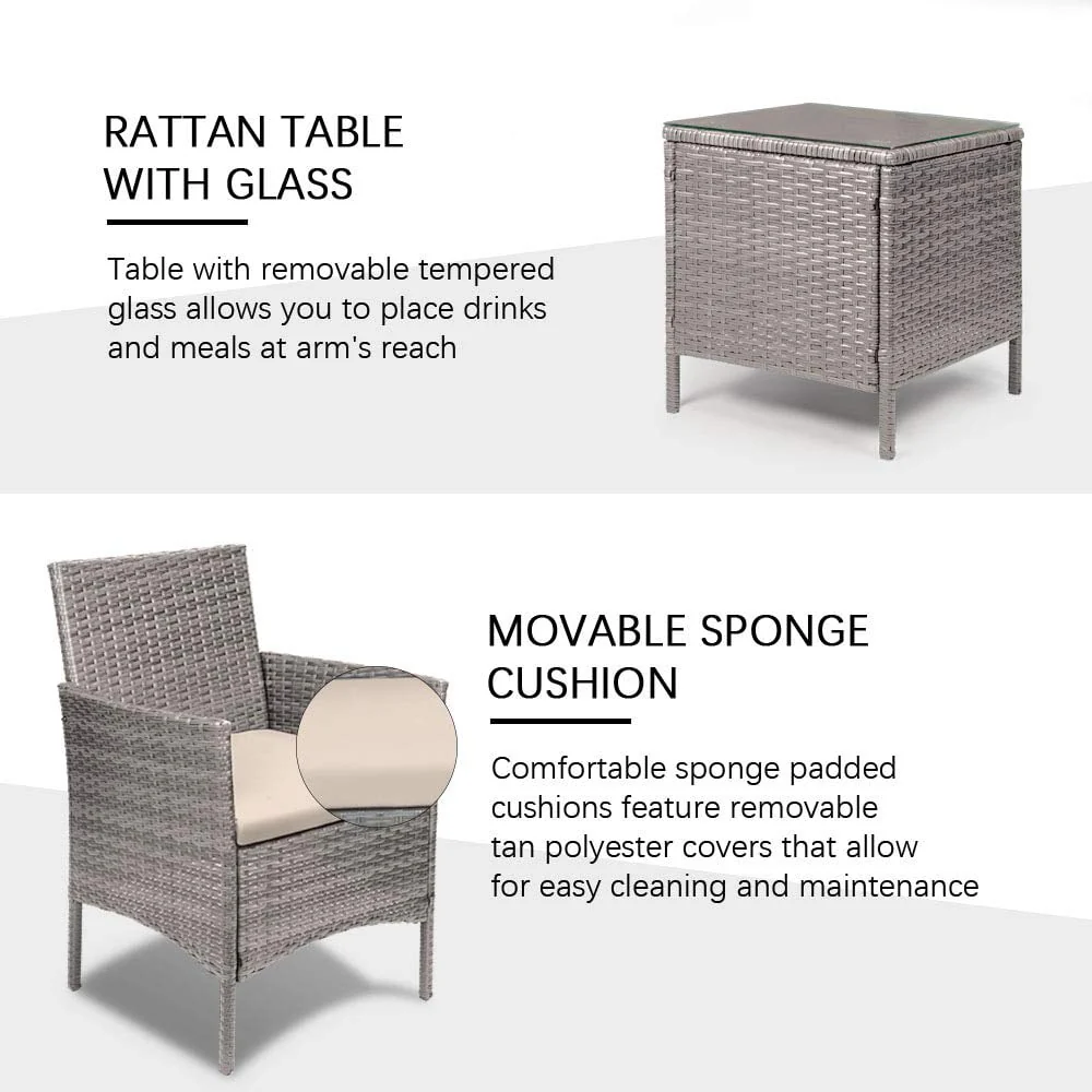 Lacoo 3 Pieces Outdoor Patio Furniture PE Rattan Wicker Table and Chairs Set Bar Set with Cushioned Tempered Glass, Brown/Beige, 2 - Womvr