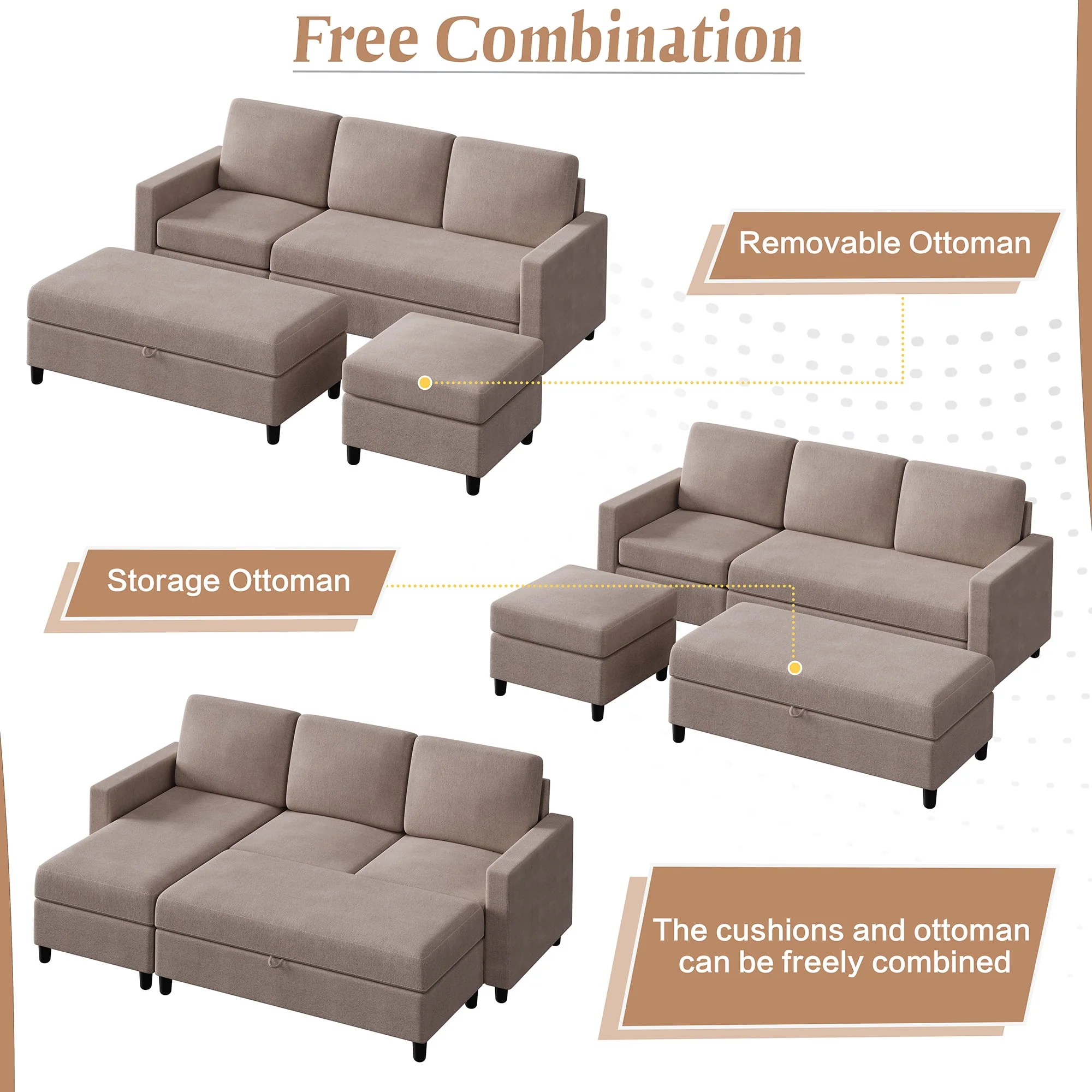 Walsunny Convertible Sectional L-Shaped Sofa with Modern Linen Fabric(Grayish Black) - Womvr