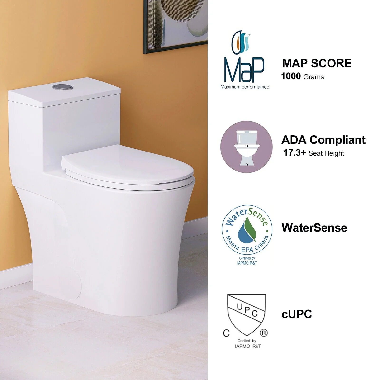 HOROW T0338W Elongated One Piece Toilet with Comfort Chair Seat ADA Height 17.3
