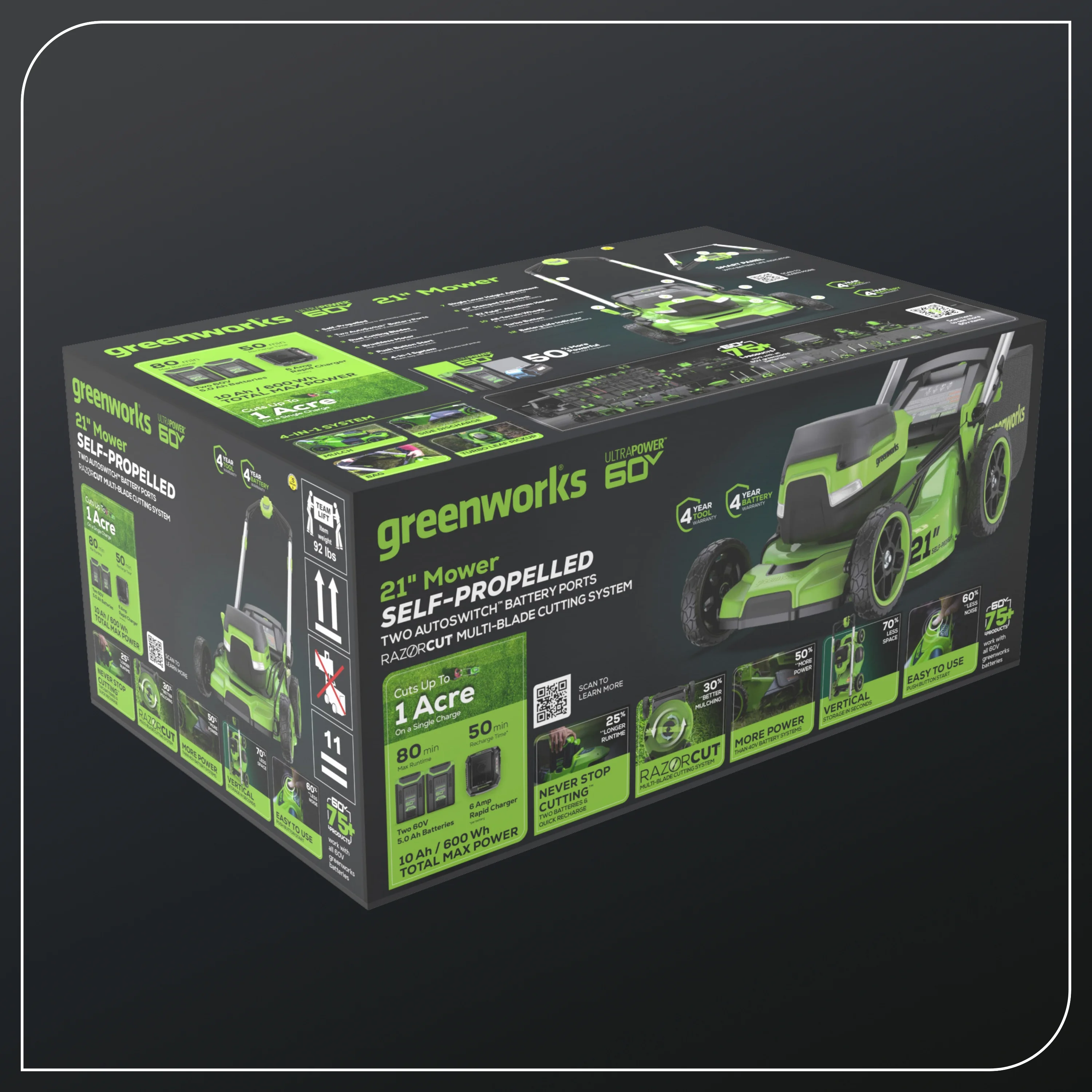 Greenworks 60V 21�� Self-Propelled Lawn Mower with (2) 5.0 Ah Batteries & Rapid Charger 2546202 - Womvr