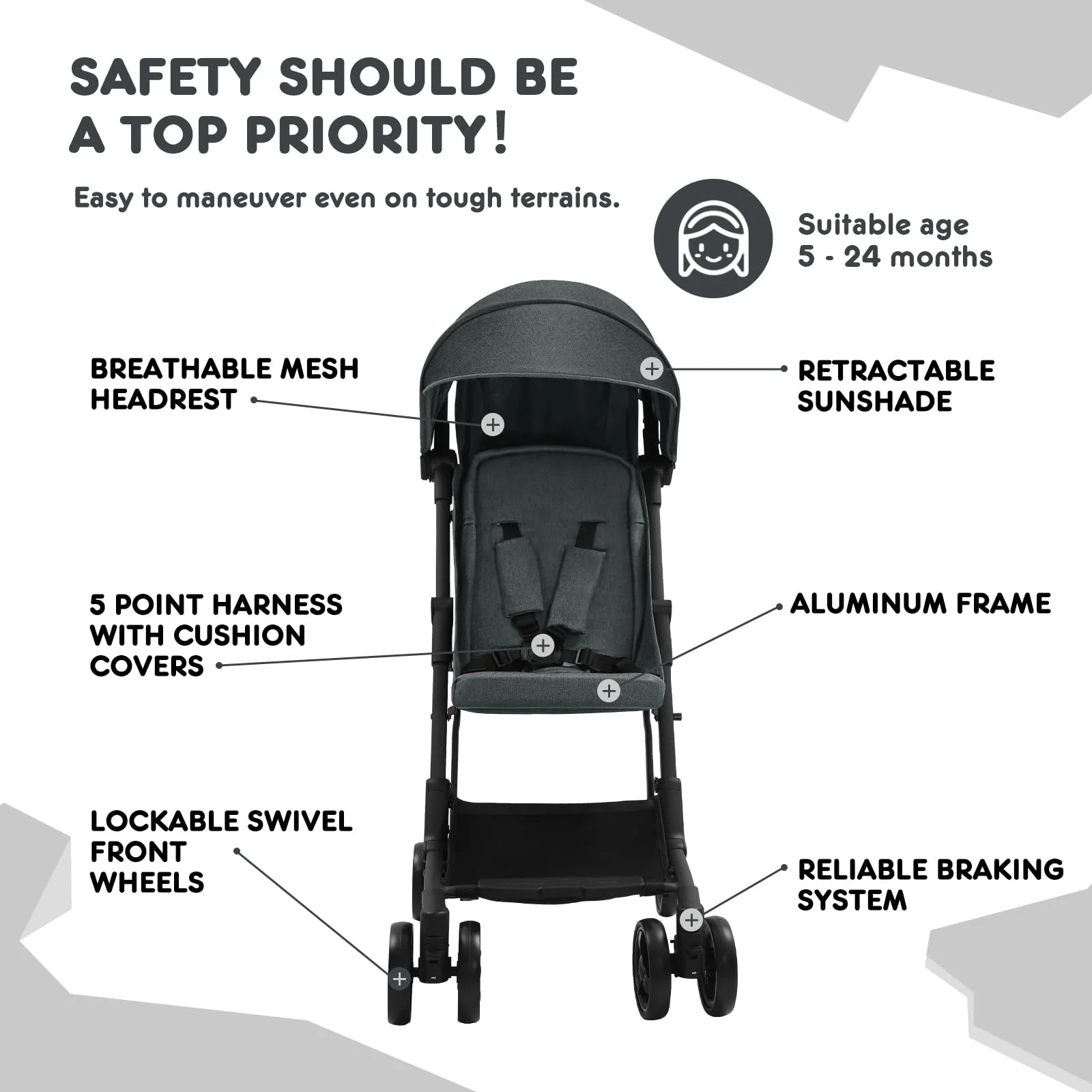 HARPPA Lightweight Travel Stroller, Compact Umbrella Stroller for Babies, Easy Folding, Black - Womvr