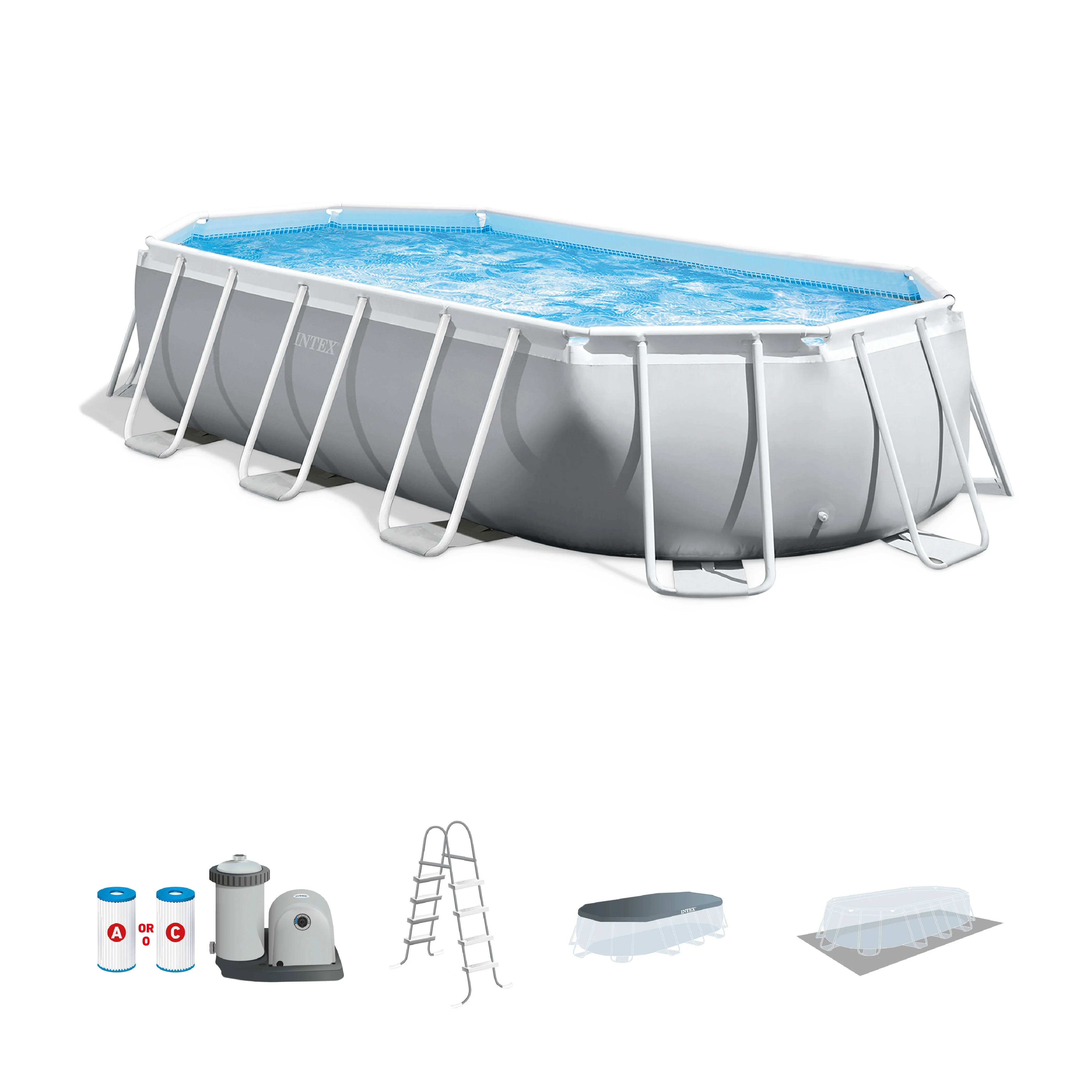 Intex 26795EH Prism Frame 16.5ft x 9ft x 48in Outdoor Above Ground Oval Pool Set with Pump, Cover and Ladder, Gray - Womvr