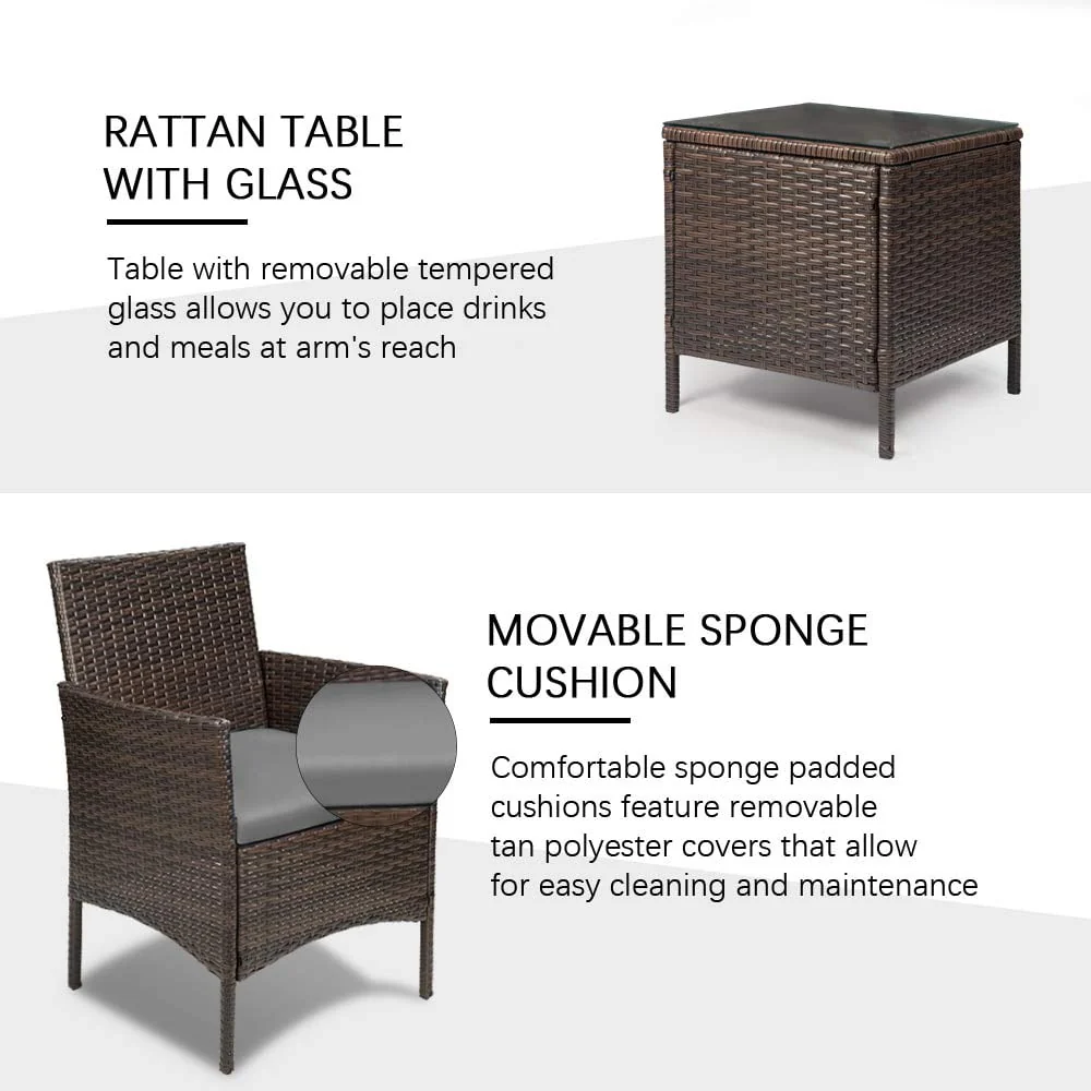 Lacoo 3 Pieces Outdoor Patio Furniture PE Rattan Wicker Table and Chairs Set Bar Set with Cushioned Tempered Glass, Brown/Beige, 2 - Womvr