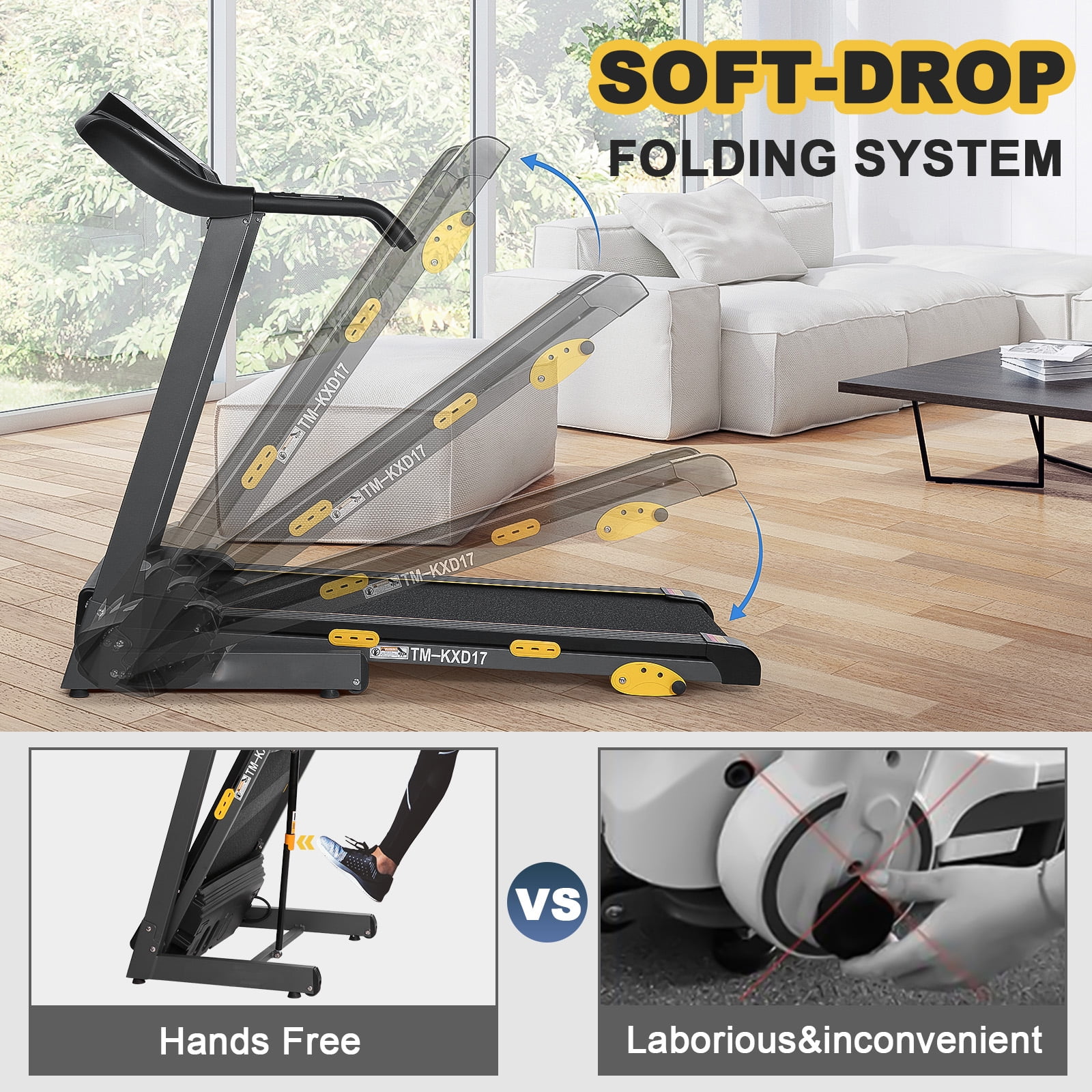 Treadmill Folding Treadmill with 17 In. Wide Running Machine with Incline Quiet 1.5 HP Power 12 Preset Program Max Speed 7.5MPH - Womvr