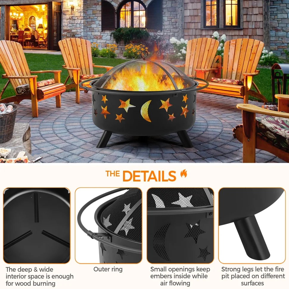 Alden Design Iron Fire Pit with Poker Mesh Cover for BBQ Backyard Patio, Black - Womvr