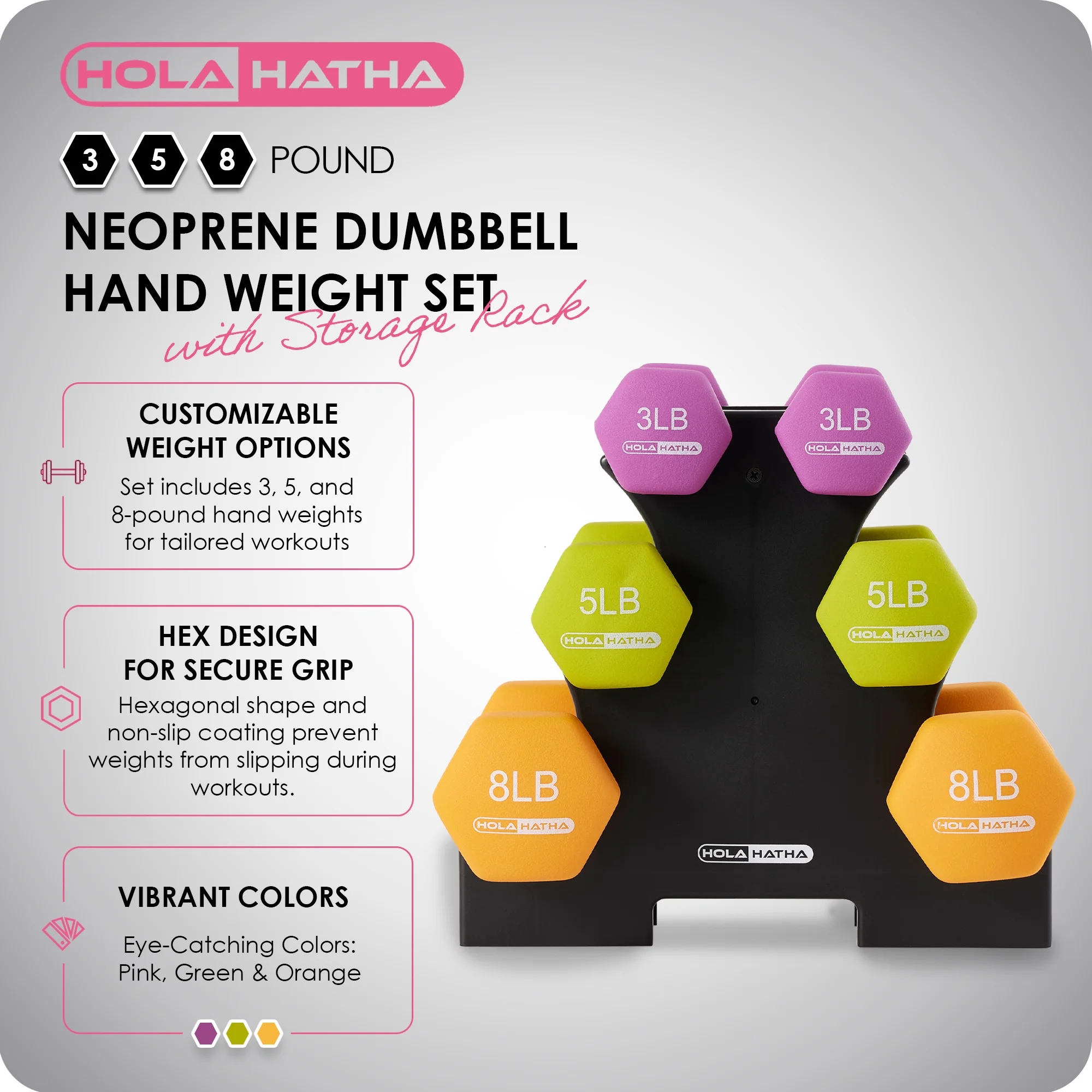 HolaHatha 3, 5, and 8 Pound Dumbbell Hand Weight Set with Storage Rack, Multi - Womvr