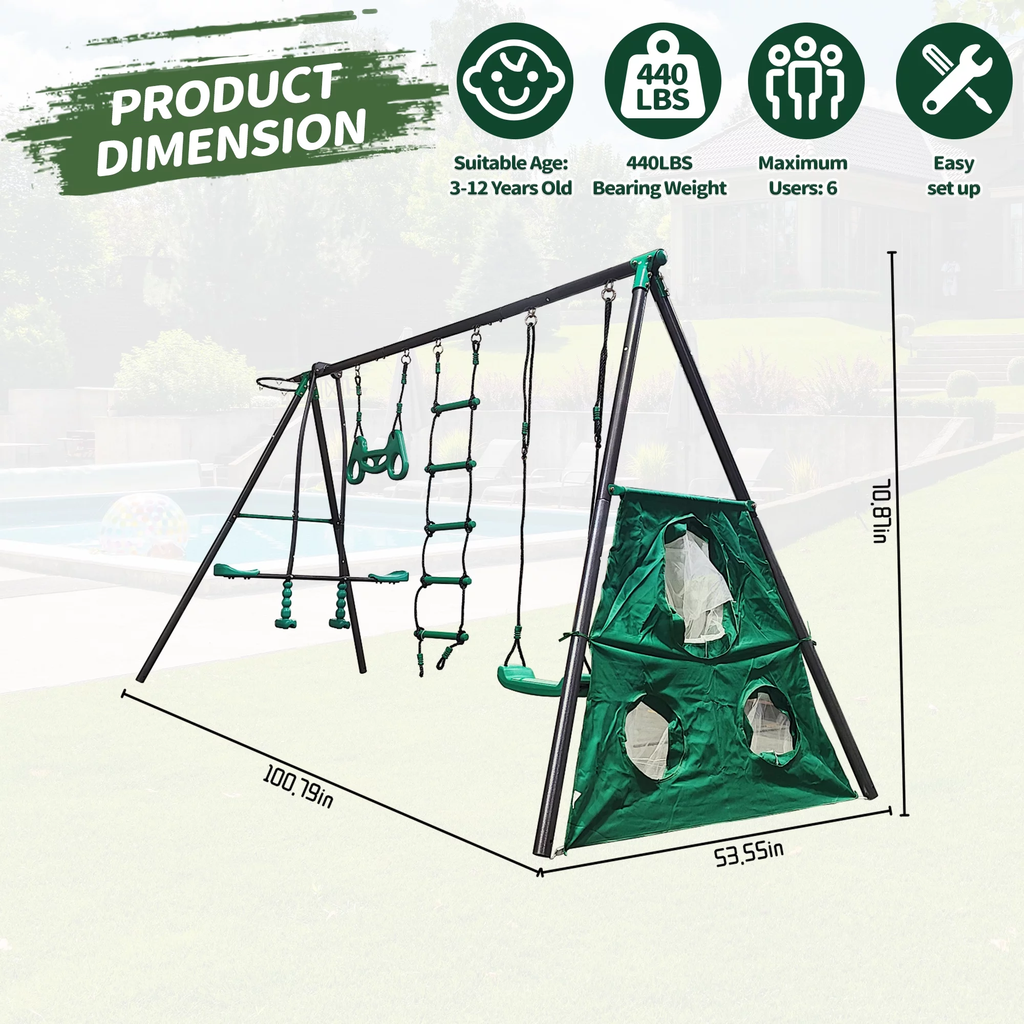5 in 1 Metal Swing Set for Outside, Kids Backyard Swing Set with Swing Chair, Slide, Glider, Ground Nail, Outdoor Backyard Playground Swing Sets for 3-8 Year, Max Weight 700 lbs - Womvr