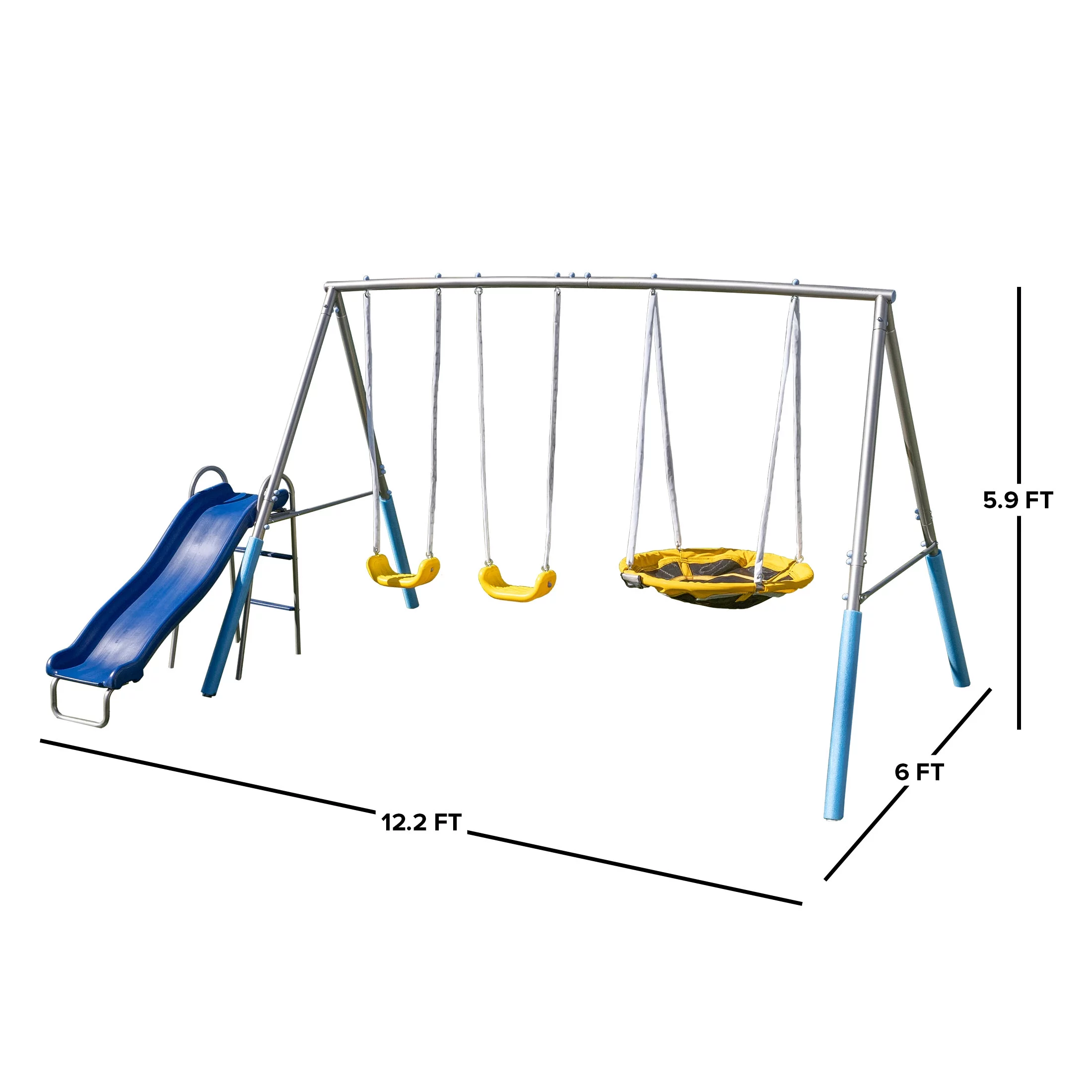 Sportspower Comet Metal Swing Set with LED Light up Saucer Swing, 2 Swings, and Lifetime Warranty on Blow Molded Slide - Womvr