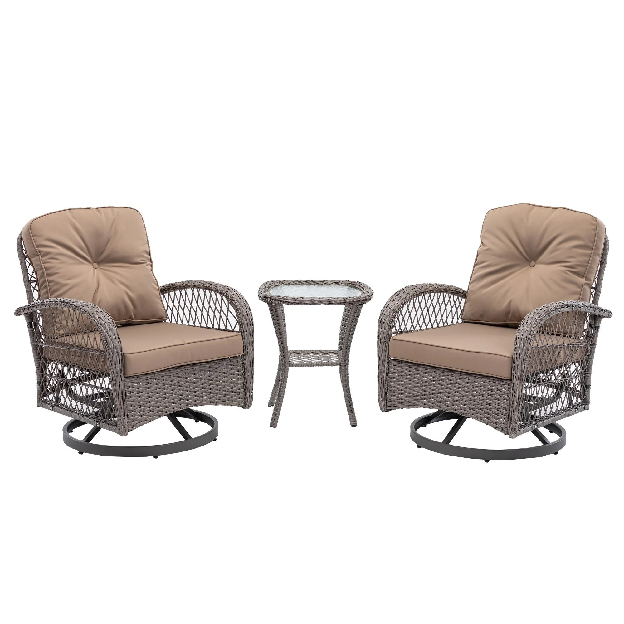 3 Piece Outdoor Bistro Swivel Chairs Set, Patio Bistro Set w/ 360° Swivel Rocking Chairs & Table, All-Weather Conversation Set with Metal Frame for Patio Backyard Porches or Garden - Khaki - Womvr