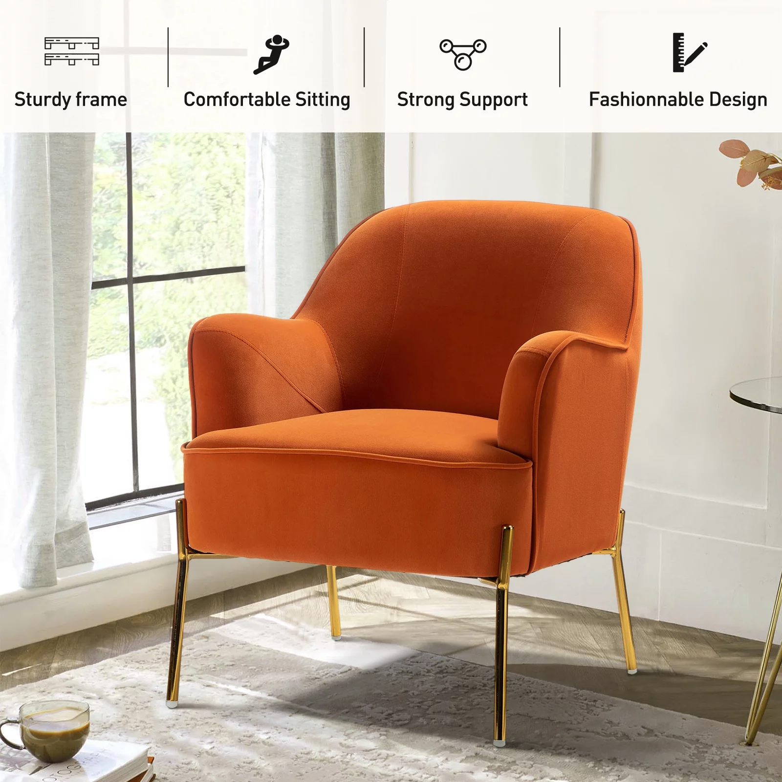 Velvet Upholstered Accent Chair Metal Legs Curved Backrest Lounge Home Armchair Bedroom Adult Pink - Womvr