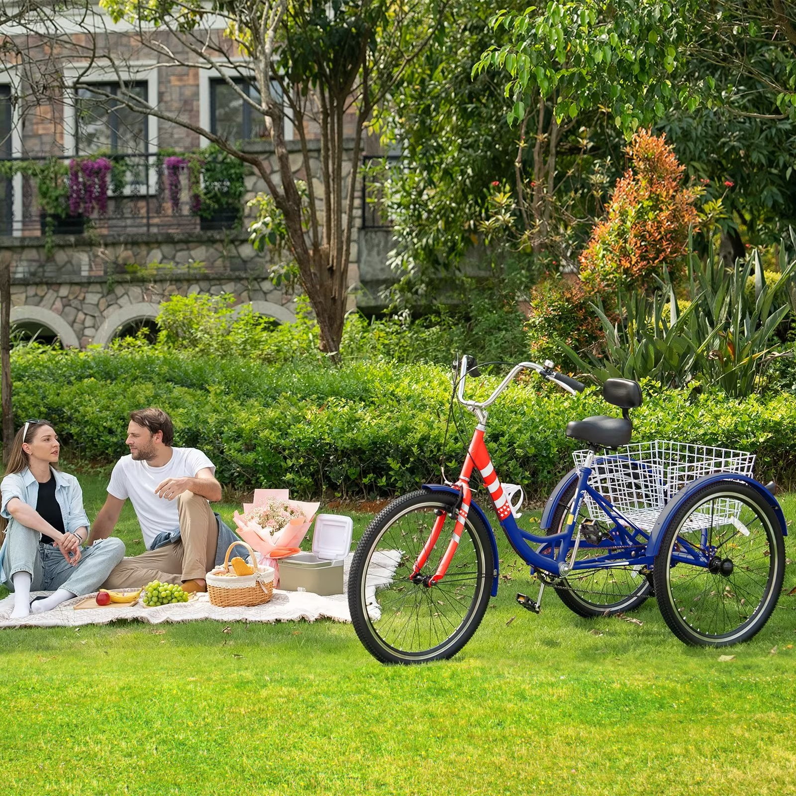 MOPHOTO Adult Tricycle for Seniors (Cyan, 26inch /7-Speed), Low Frame Three Wheel Bikes with Large Basket & Bell, 3 Wheel Cargo Bicycle, Safe and Durable Trike - Womvr