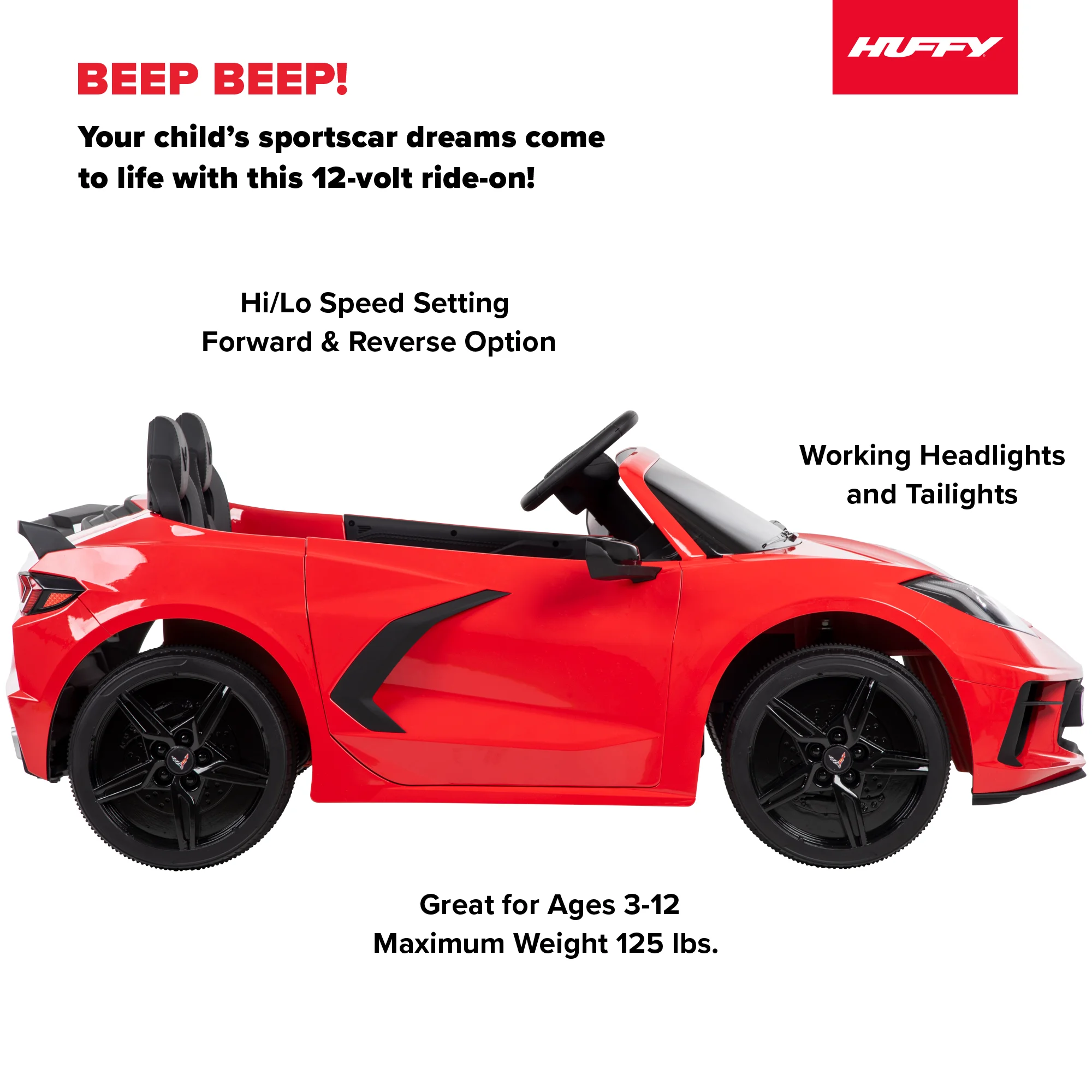 Corvette Stingray 12 Volt Ride-in Car Toy, for Children Ages 3+ Years, Red, by Huffy - Womvr