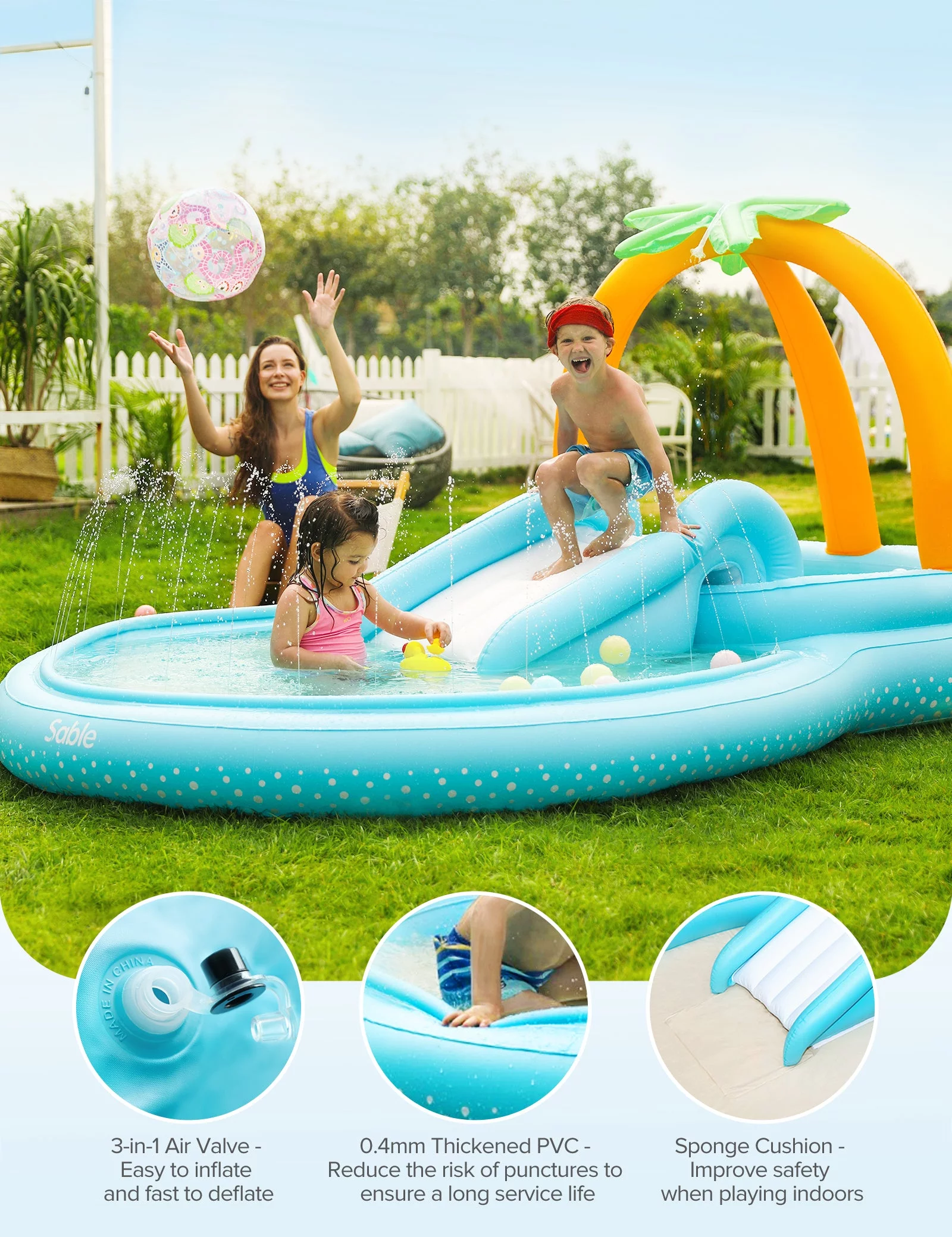 Sable Inflatable Play Center Wading Pool with Slide for Kids, Family Children Garden Backyard Pool, 111 x 70 x 61 inch - Womvr