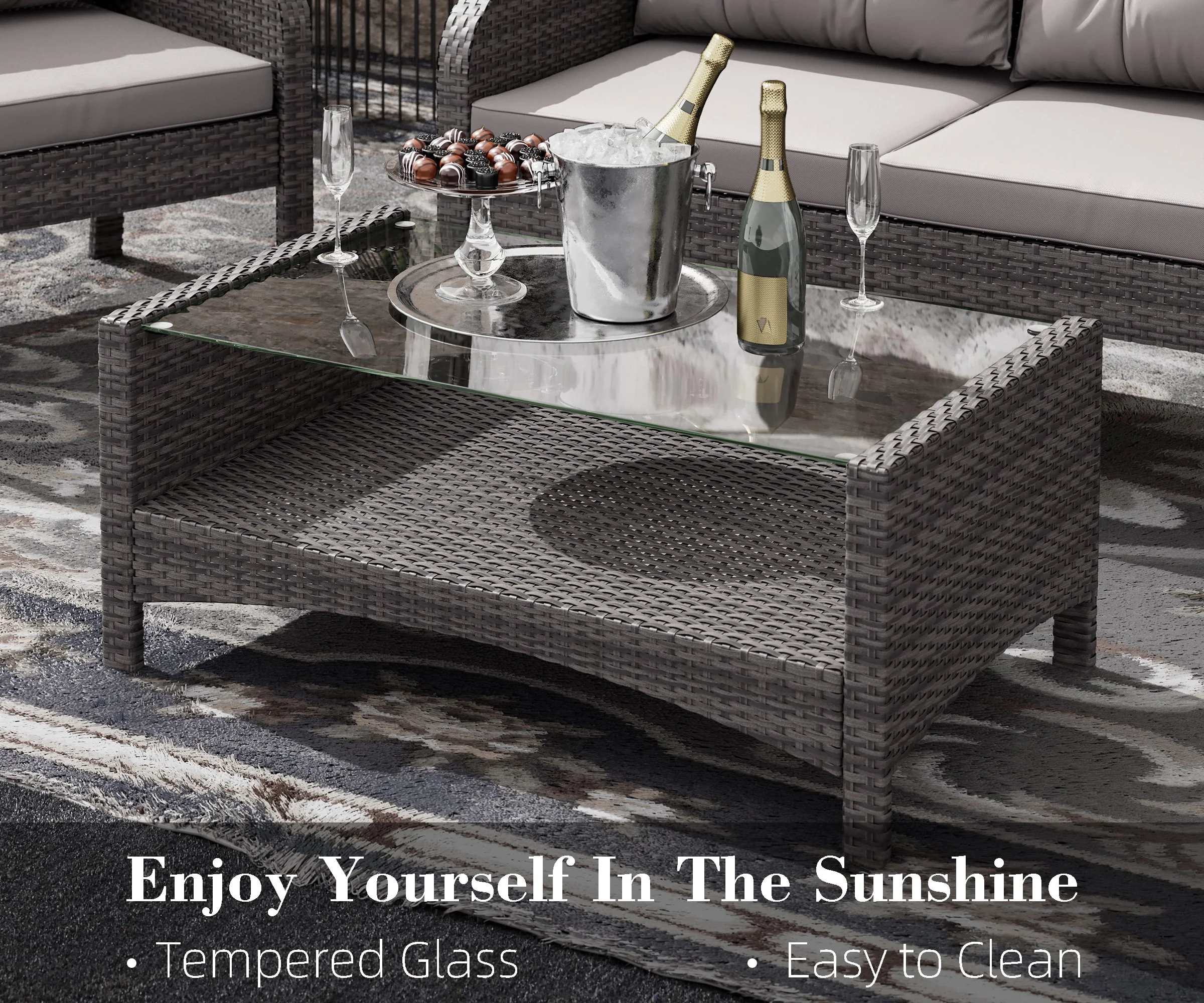 Bifanuo 4-Piece Patio Furniture Set Outdoor Rattan Wicker Sofa Set with Cushions & Coffee Table, Conversation Sofa Set with Tempered Glass Table Top - Womvr