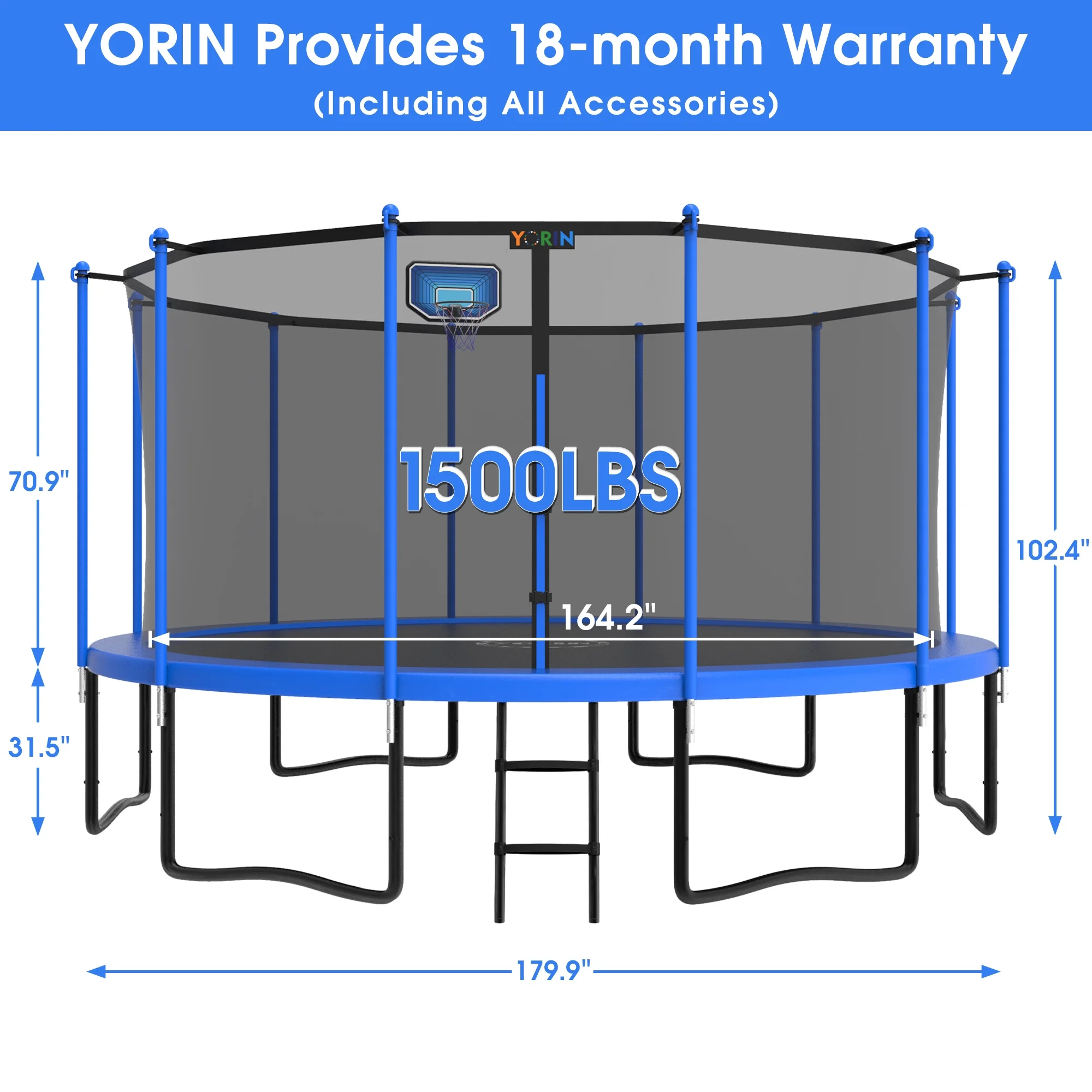 YORIN 1200LBS 12FT 14FT 15FT Trampoline for Kids Adults, Trampoline with Safety Enclosure Net, Basketball Hoop and Ladder, Outdoor Heavy-Duty Trampoline - Womvr