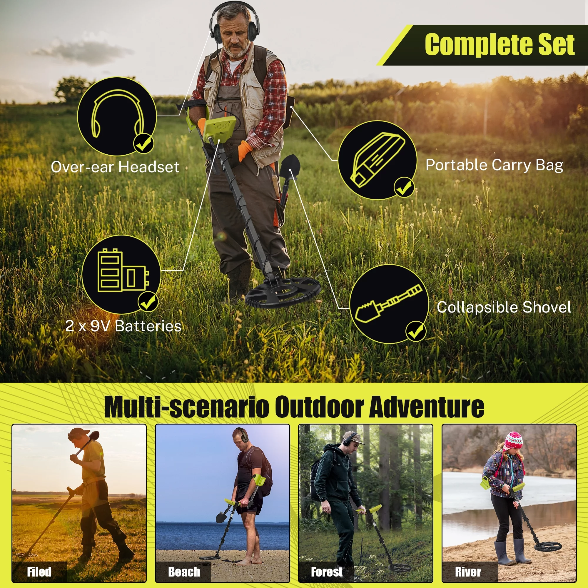 Metal Detector for Adults, Seizeen Lightweight Metal Detector Waterproof, LCD Kids Metal Detector Set  W/ 10'' Large Coil, Backpack, Shovel & Headphone for Outdoor Treasure Hunt, Adjustable 33''-52'' - Womvr