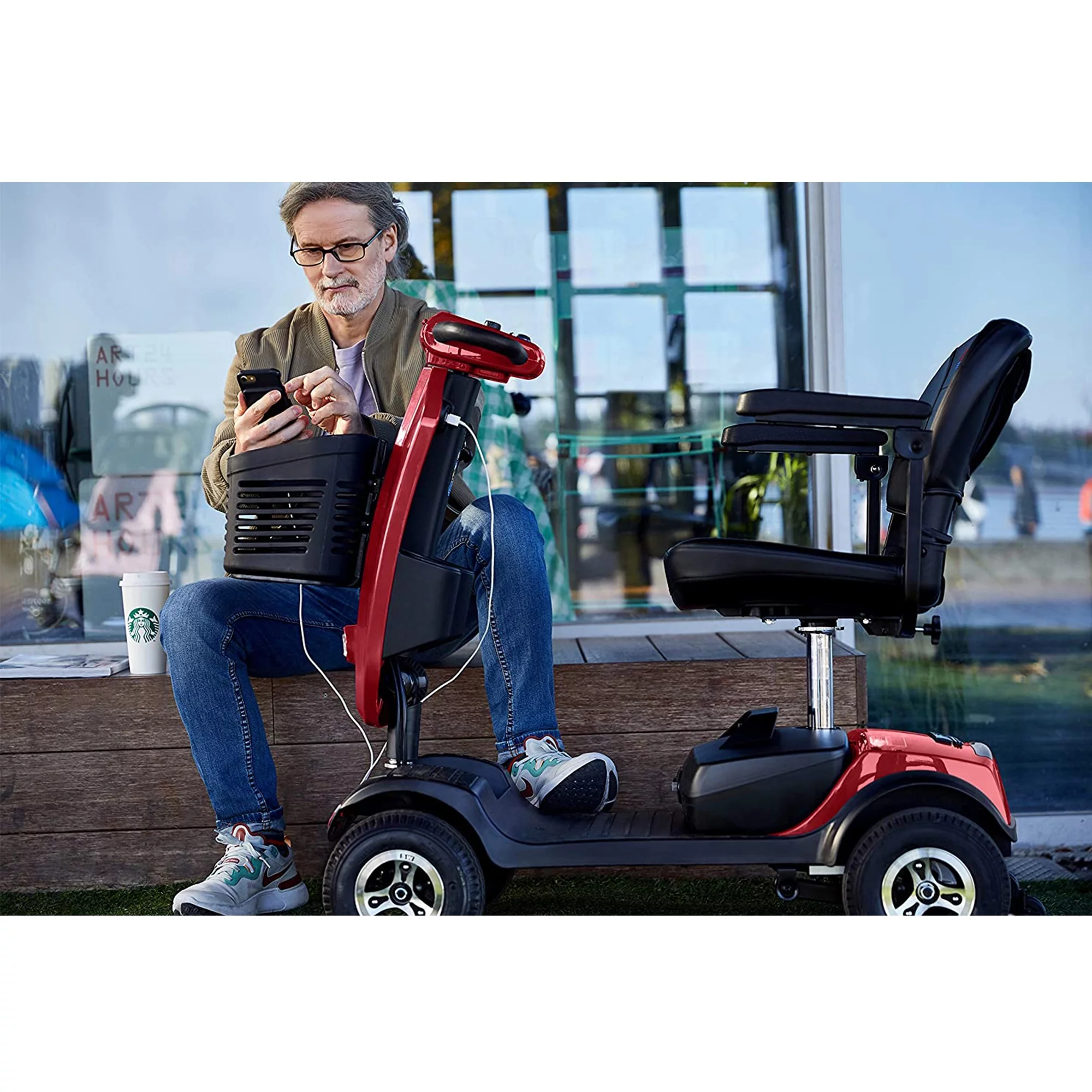Segmart Mobility Scooter for Seniors, 20''W Armrest, Windshield, Rear Suspension, Front Rear Light, Cup Holder, USB Charging Port, Gift Flag, 300lbs, Red - Womvr