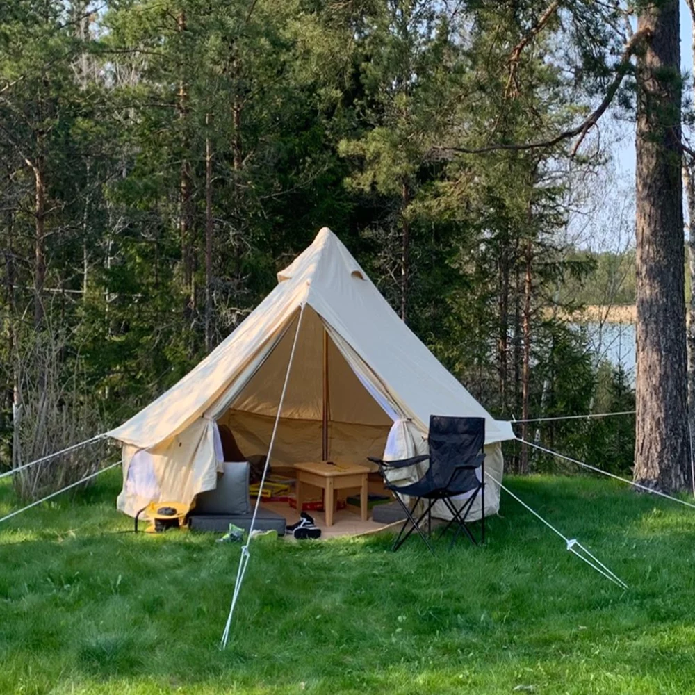 Latourreg Outdoor Glamping Waterproof Cotton Canvas 16.4ft(5M) Bell Tent with Side-Wall Stove Jack Glamping Yurt Tent with Mesh Screen Door and Windows - Womvr